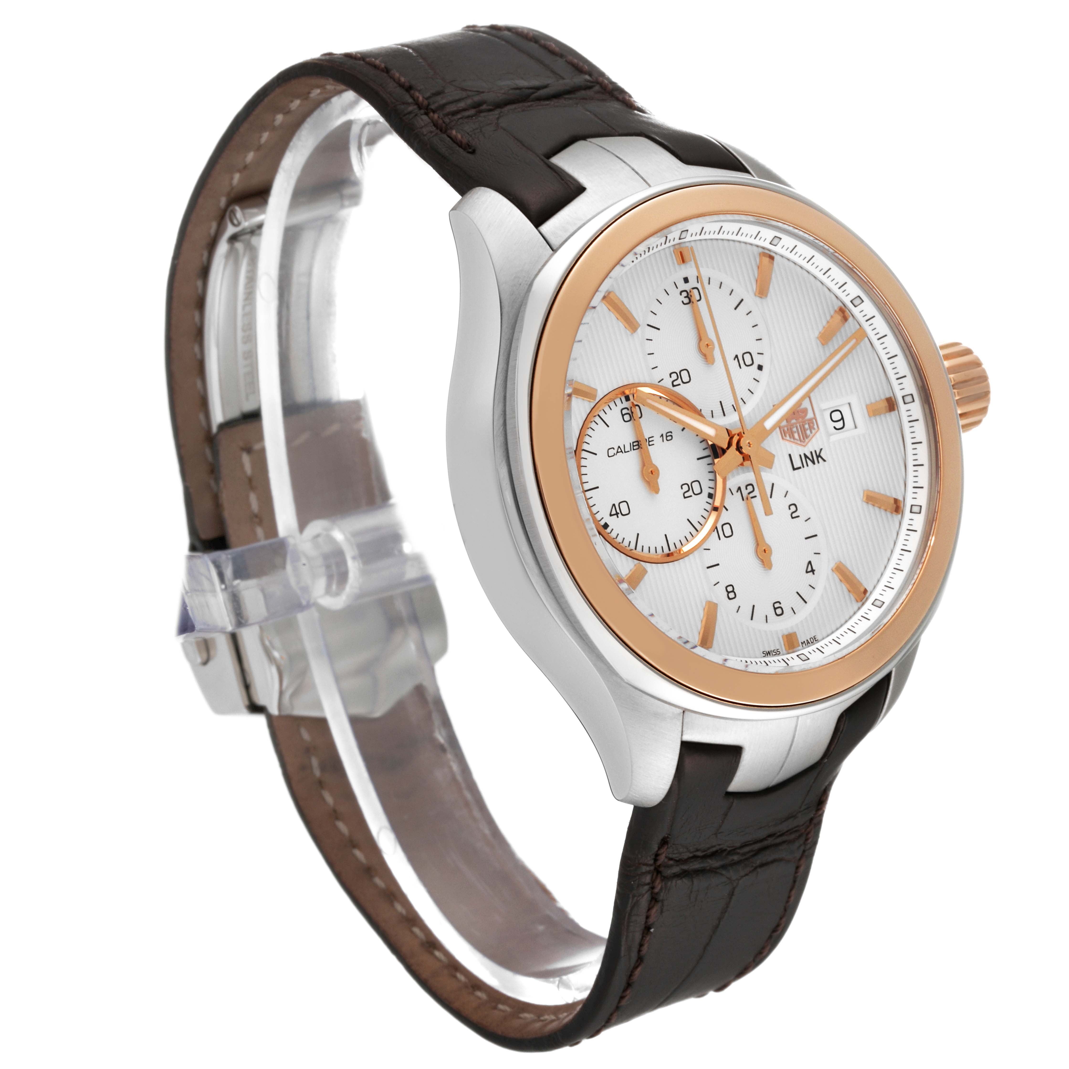 This Tag Heuer Link CAT2050 Men's Steel and Gold (two tone) Silver Dial CAT2050 Men's Steel and Gold (two tone) Silver Dial model watch is shown at a slight angle displaying the face, crown, and leather strap.