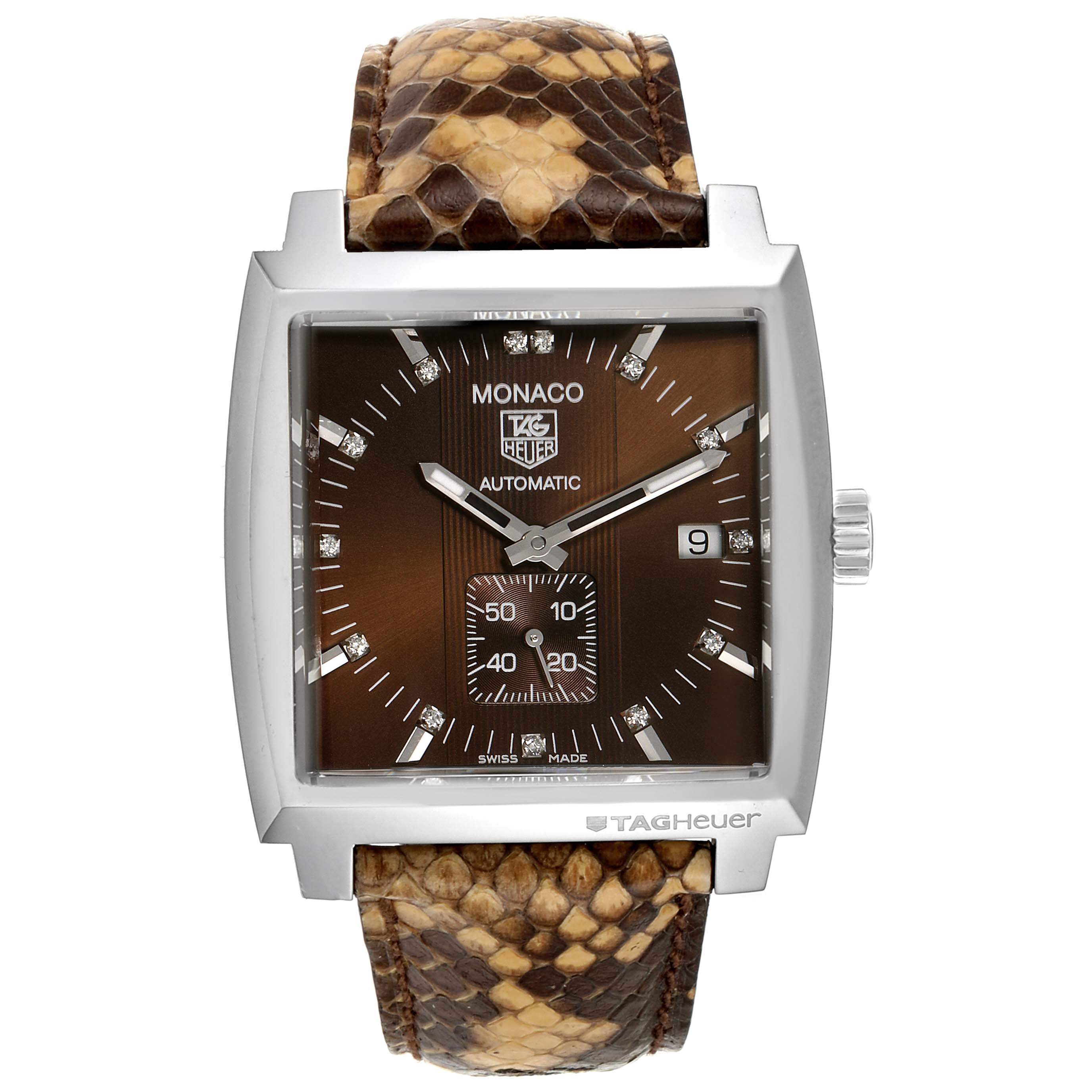 The image shows a front view of the Tag Heuer Monaco WW2116.FC6217 Men's Stainless Steel Brown Dial WW2116.FC6217 Men's Stainless Steel Brown Dial watch with a reptile-pattern strap and a brown dial.