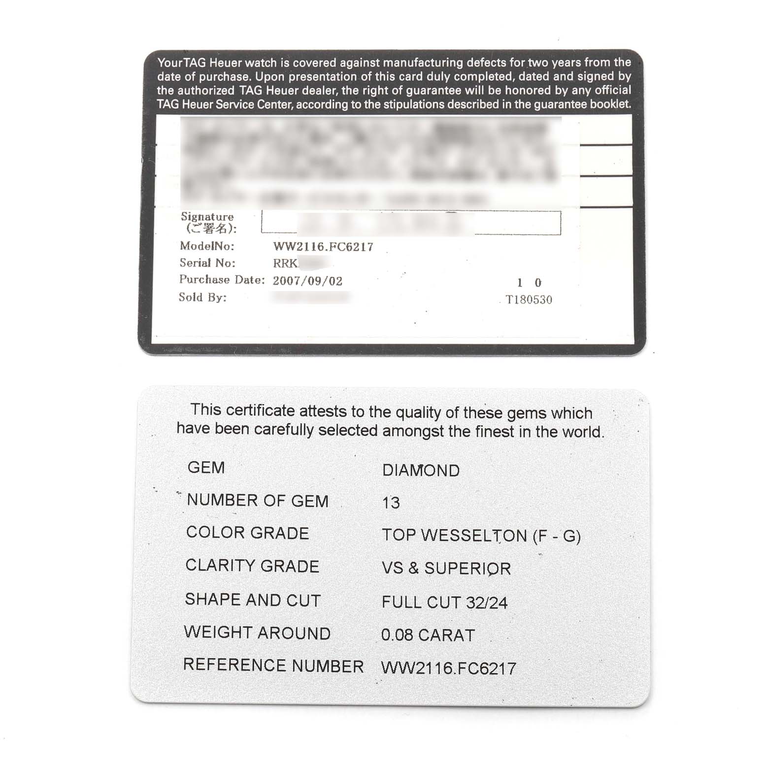 The image shows a warranty card and a gem certificate for the Tag Heuer Monaco WW2116.FC6217 Men's Stainless Steel Brown Dial WW2116.FC6217 Men's Stainless Steel Brown Dial WW2116.FC6217 watch model.