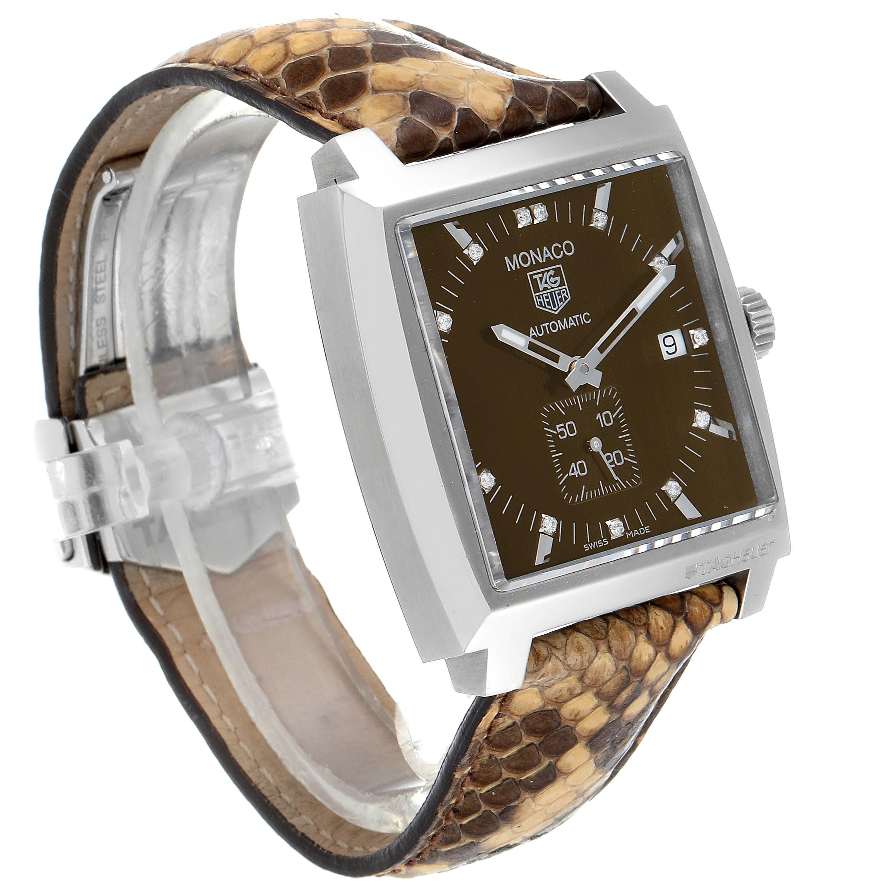 The image shows a side angle of a Tag Heuer Monaco WW2116.FC6217 Men's Stainless Steel Brown Dial WW2116.FC6217 Men's Stainless Steel Brown Dial watch, highlighting its face, bezel, and brown leather strap.