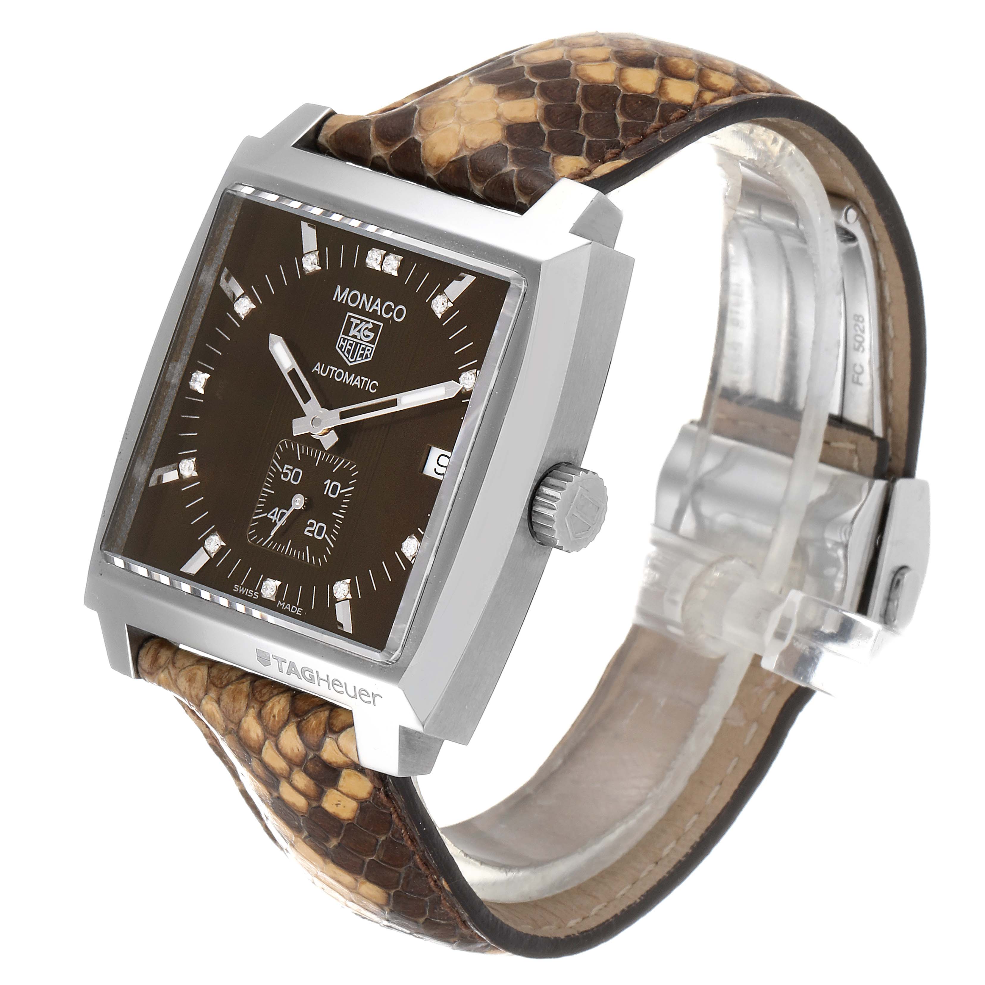 The image shows a front-angle view of the Tag Heuer Monaco WW2116.FC6217 Men's Stainless Steel Brown Dial WW2116.FC6217 Men's Stainless Steel Brown Dial watch, highlighting its face, dial, case, and snakeskin strap.