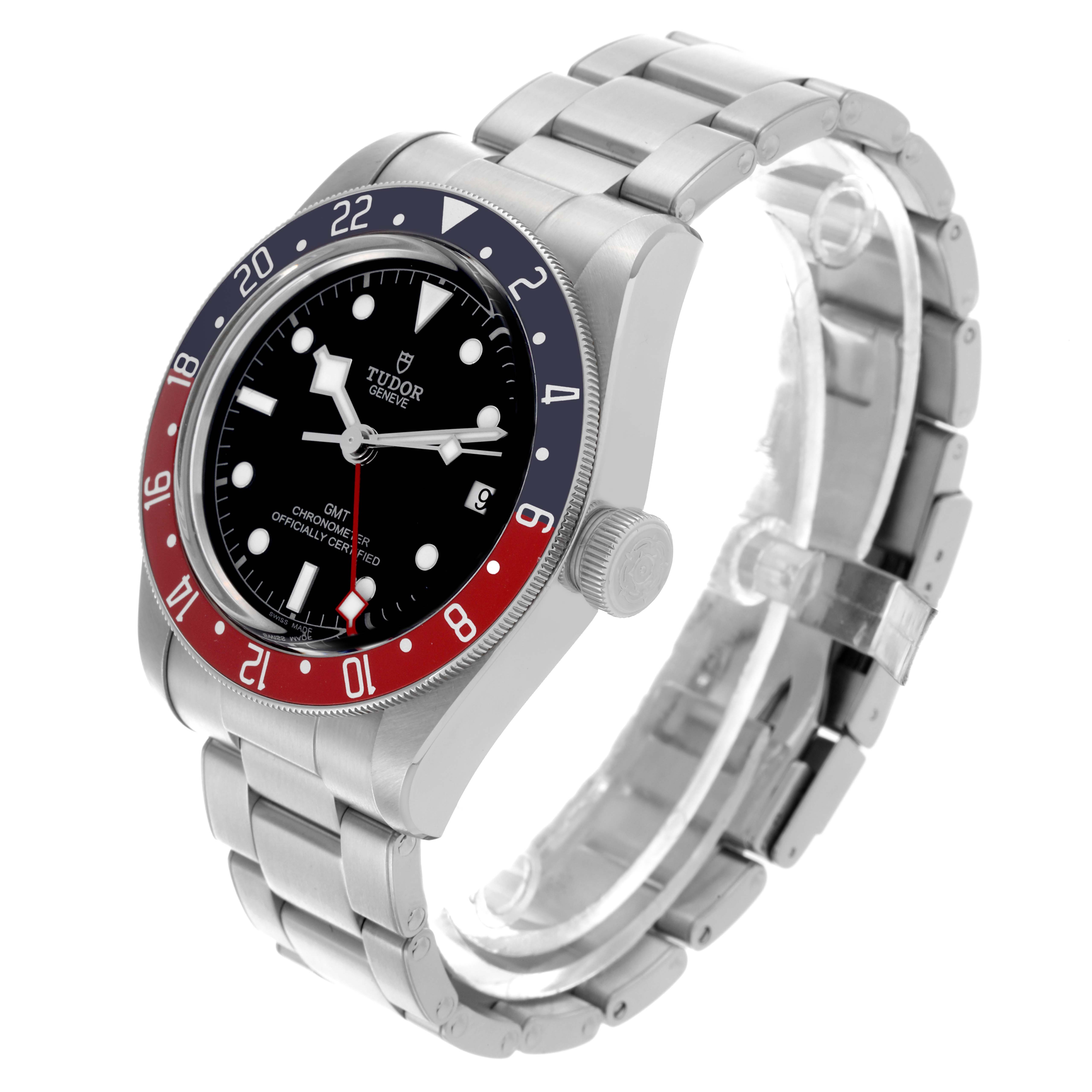 The Tudor Heritage Black Bay 79830RB Men's Stainless Steel Black Dial 79830RB Men's Stainless Steel Black Dial watch is shown at a three-quarter angle, highlighting the bezel, dial, bracelet, and crown.