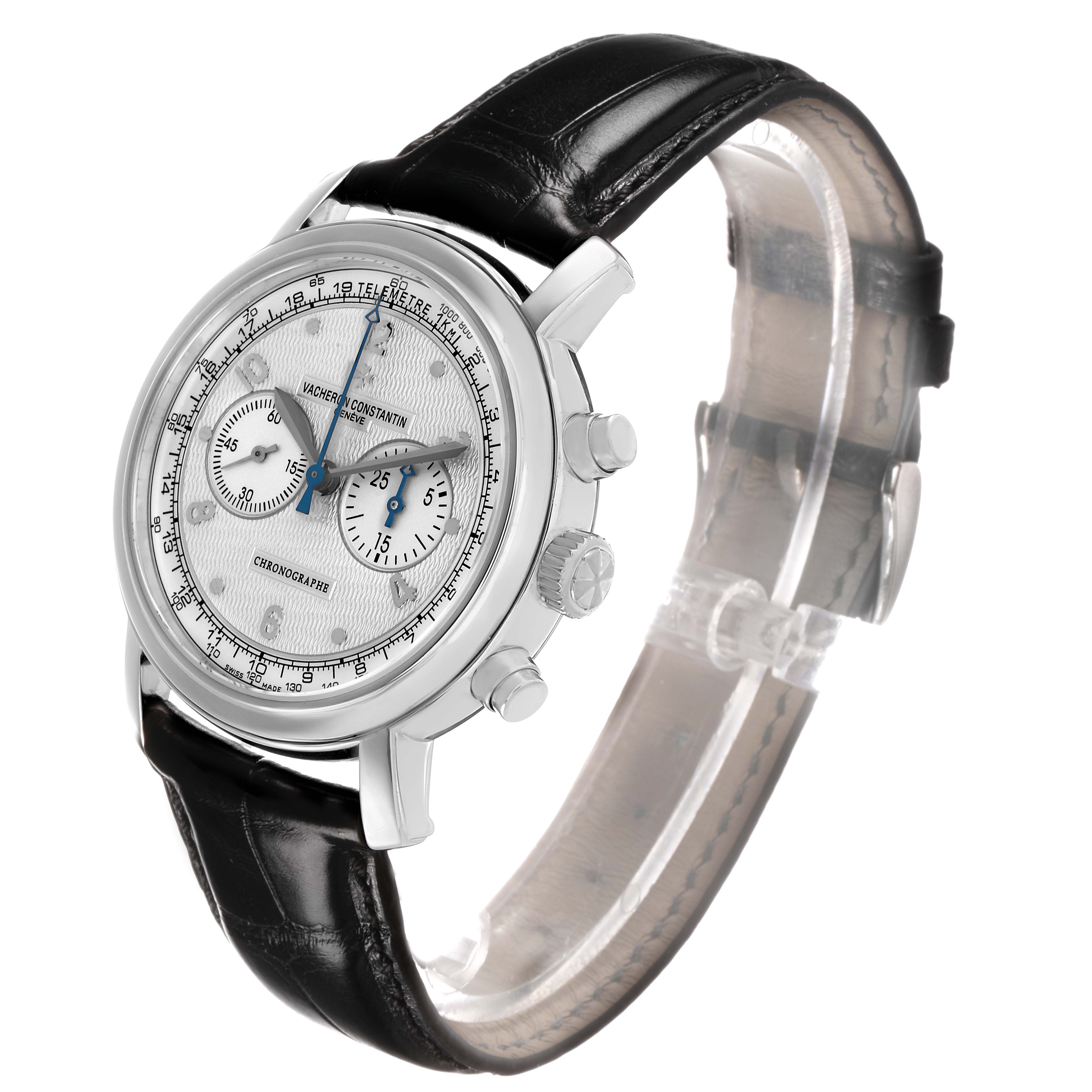 The Vacheron Constantin Malte 47120 Men's White Gold Silver Dial watch is shown at a three-quarter angle, highlighting the face, pushers, crown, and black strap.