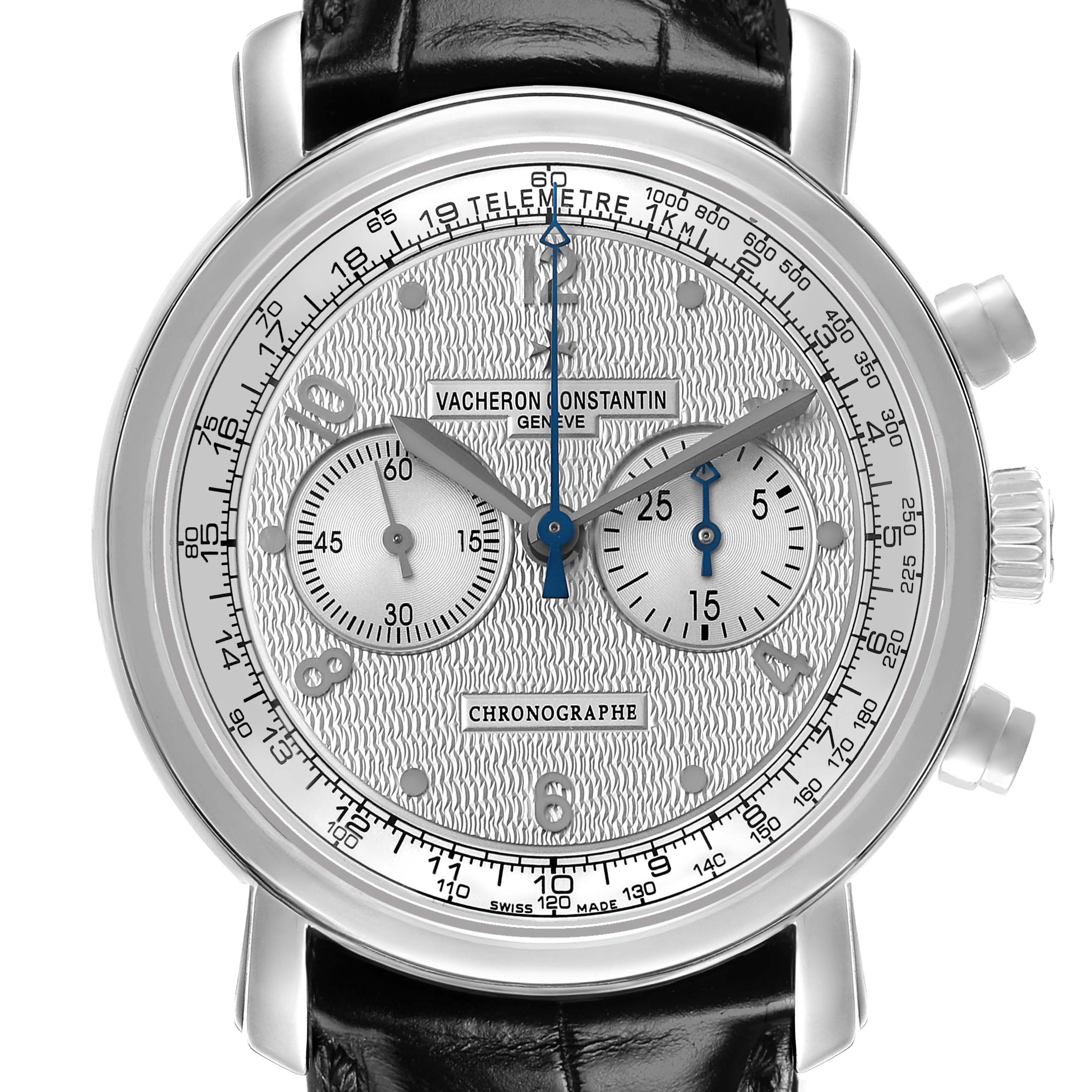 The Vacheron Constantin Malte 47120 Men's White Gold Silver Dial watch is shown from a front angle, displaying the dial, subdials, and part of the strap.