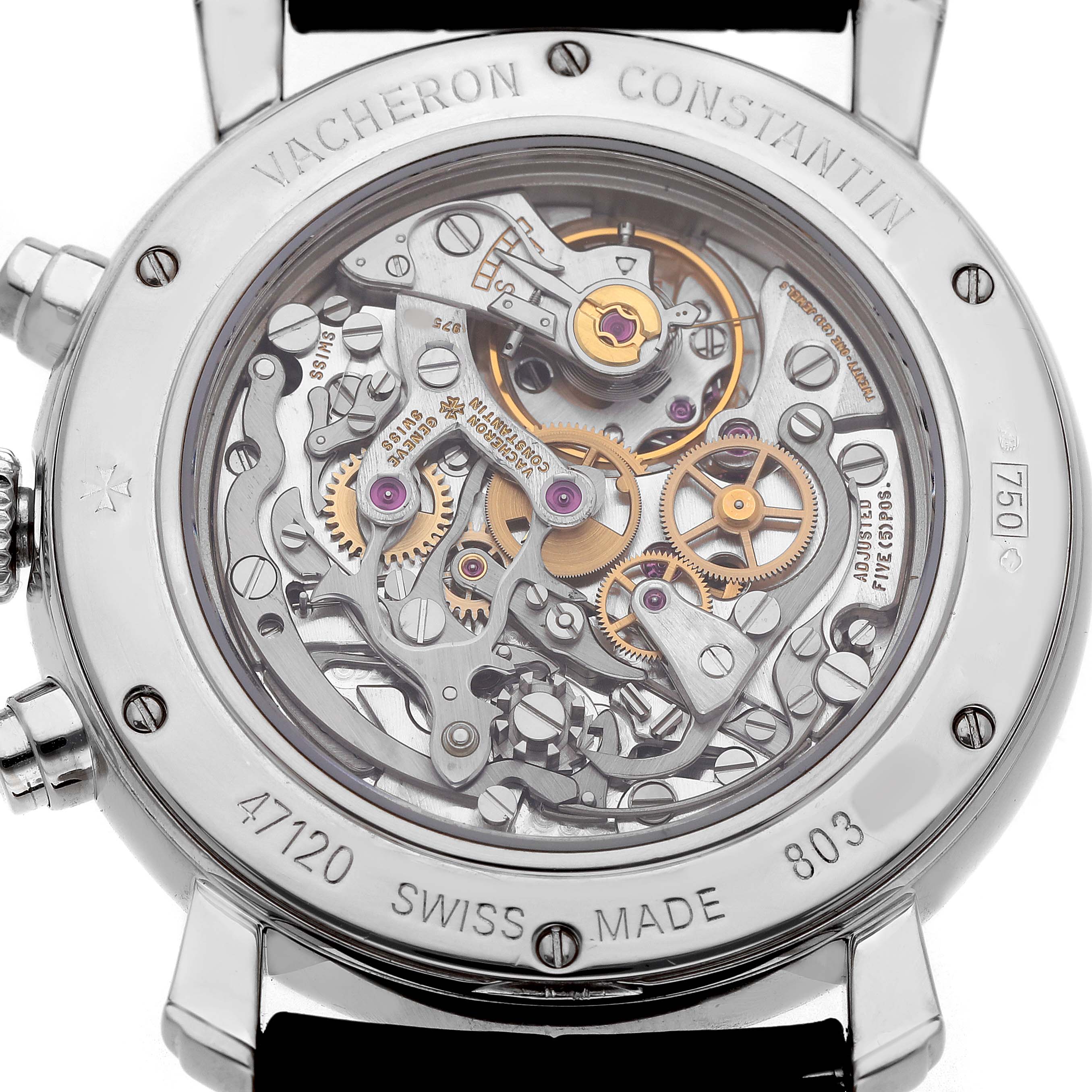 The image shows the back view of a Vacheron Constantin Malte 47120 Men's White Gold Silver Dial watch, highlighting its intricate movement and gears.