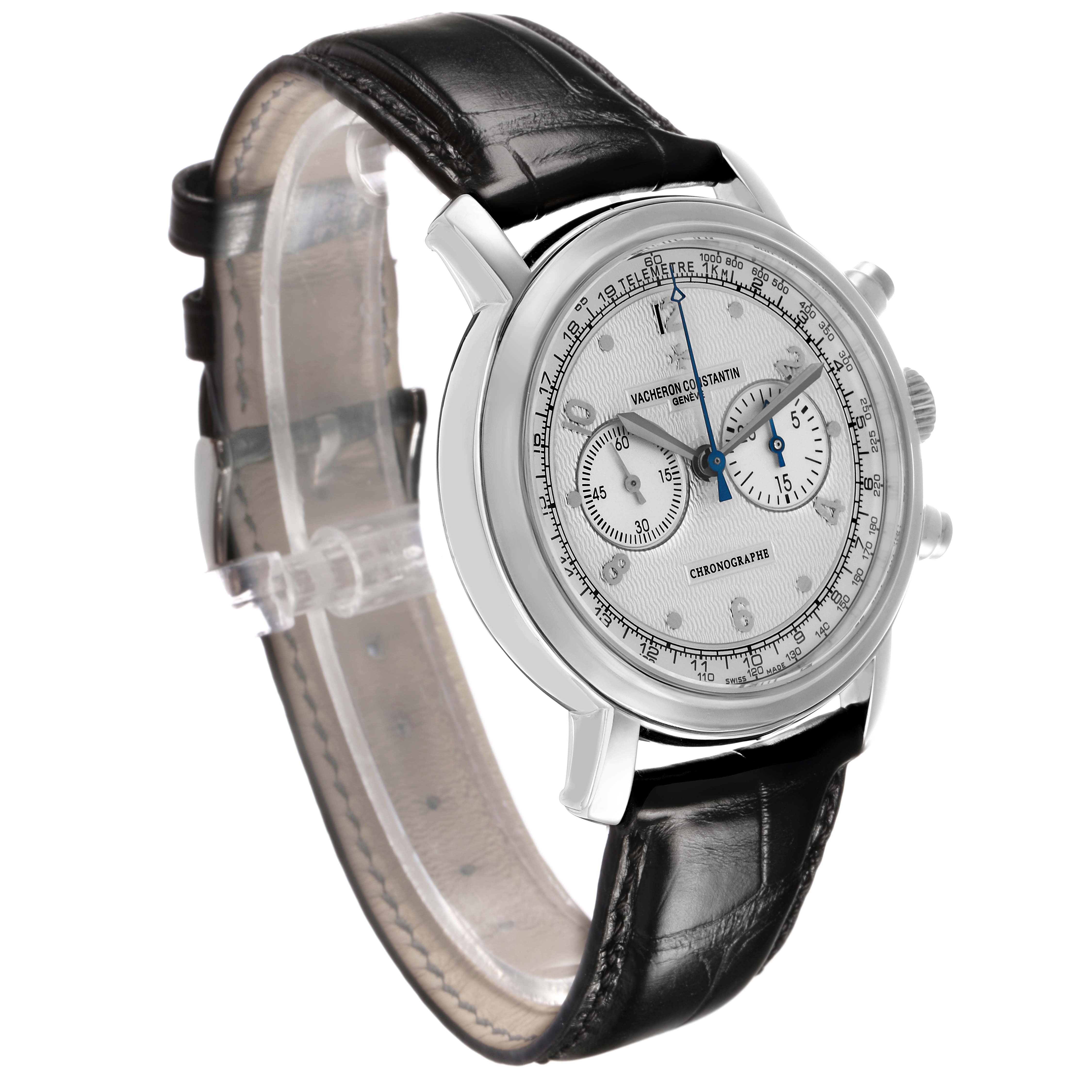 The Vacheron Constantin Malte 47120 Men's White Gold Silver Dial watch is shown at a three-quarter angle, displaying the dial, crown, pushers, and leather strap.