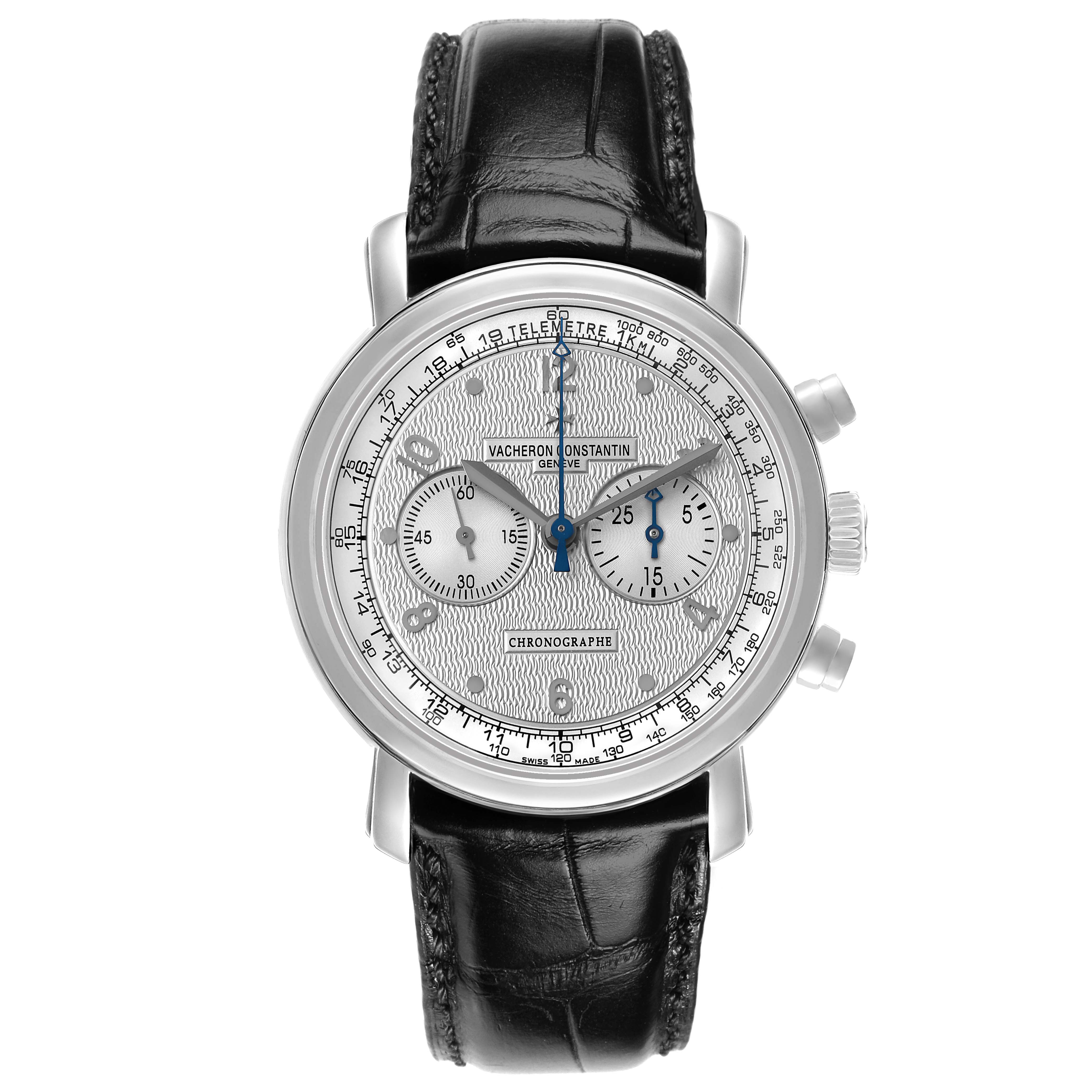 The Vacheron Constantin Malte 47120 Men's White Gold Silver Dial watch is shown from a front angle, highlighting its face, chronograph dials, and leather strap.