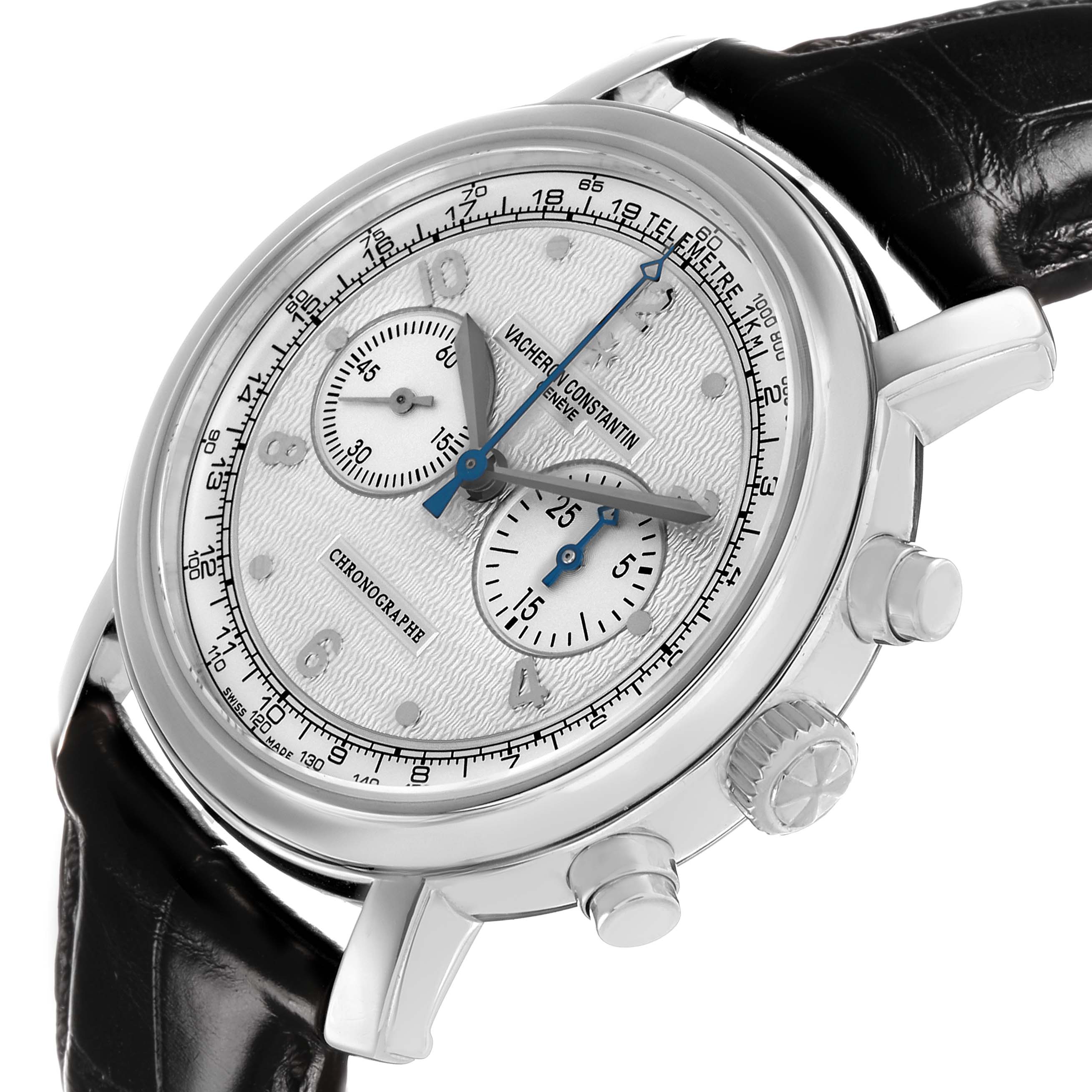 The Vacheron Constantin Malte 47120 Men's White Gold Silver Dial watch is shown at a three-quarter angle, highlighting the dial, crown, pushers, and leather strap.