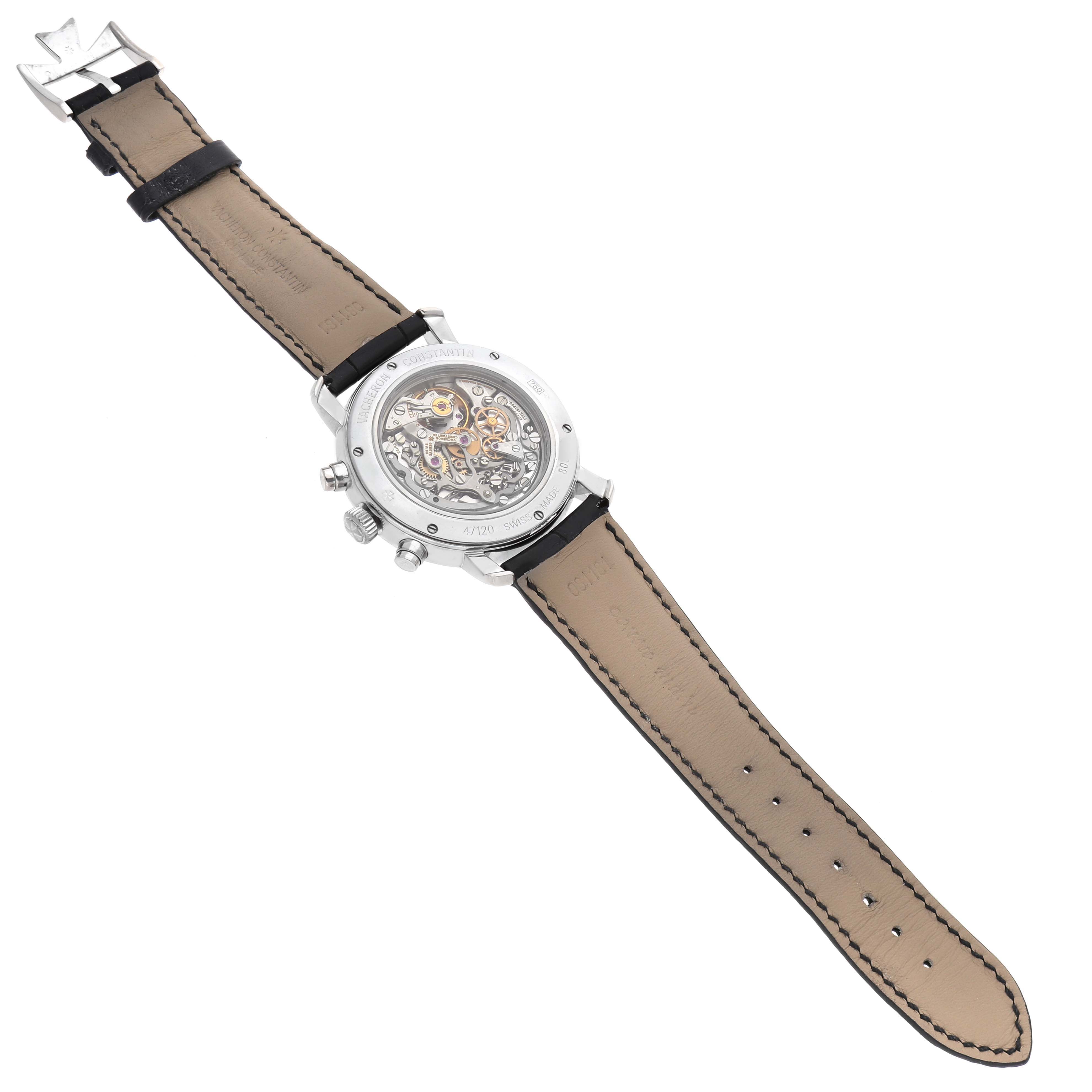 The Malte model by Vacheron Constantin is shown from the back, displaying its movement and leather strap.