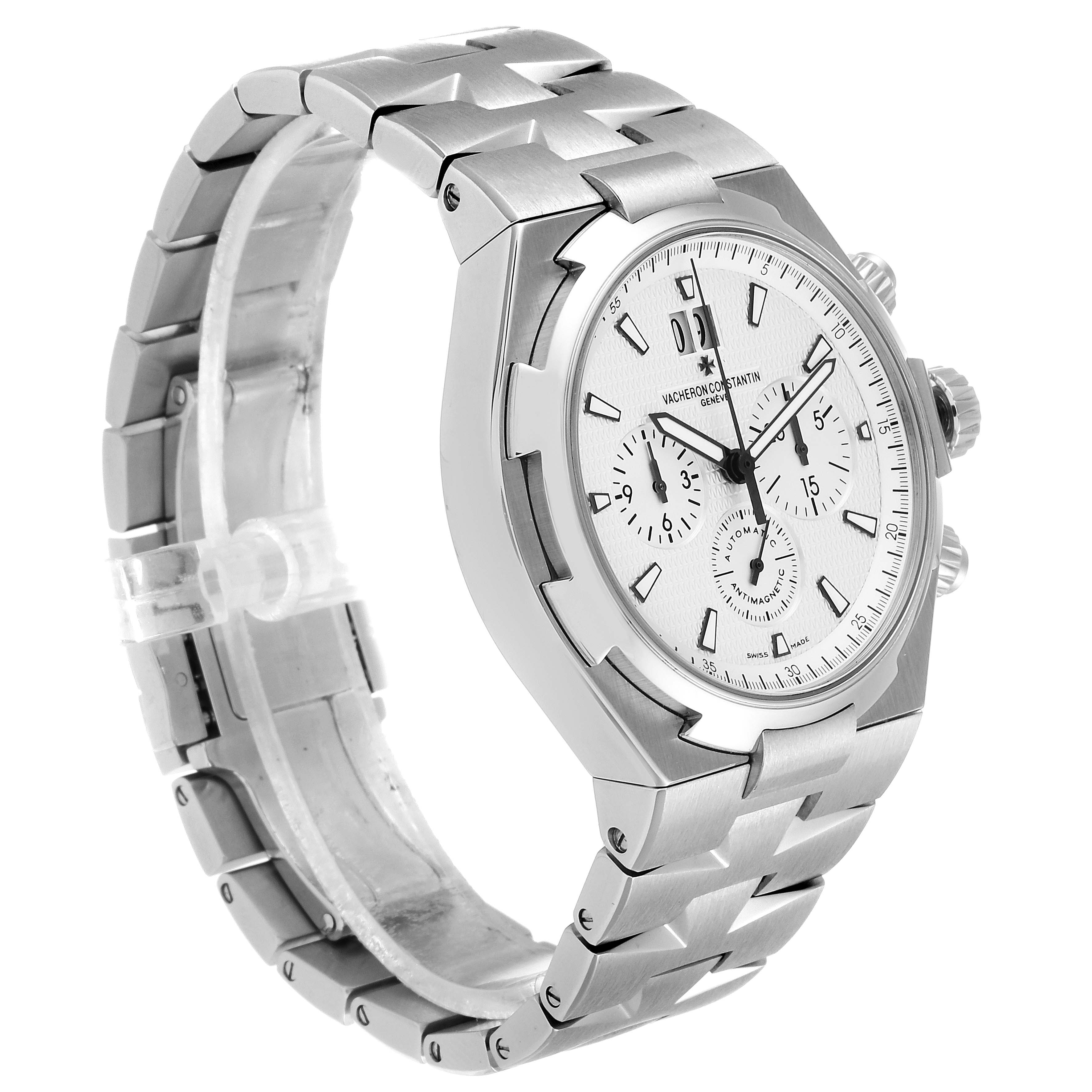 The Vacheron Constantin Overseas 49150 Men's Stainless Steel Silver Dial 49150 Men's Stainless Steel Silver Dial watch is shown at an angle highlighting the bracelet, bezel, dial, and side buttons.