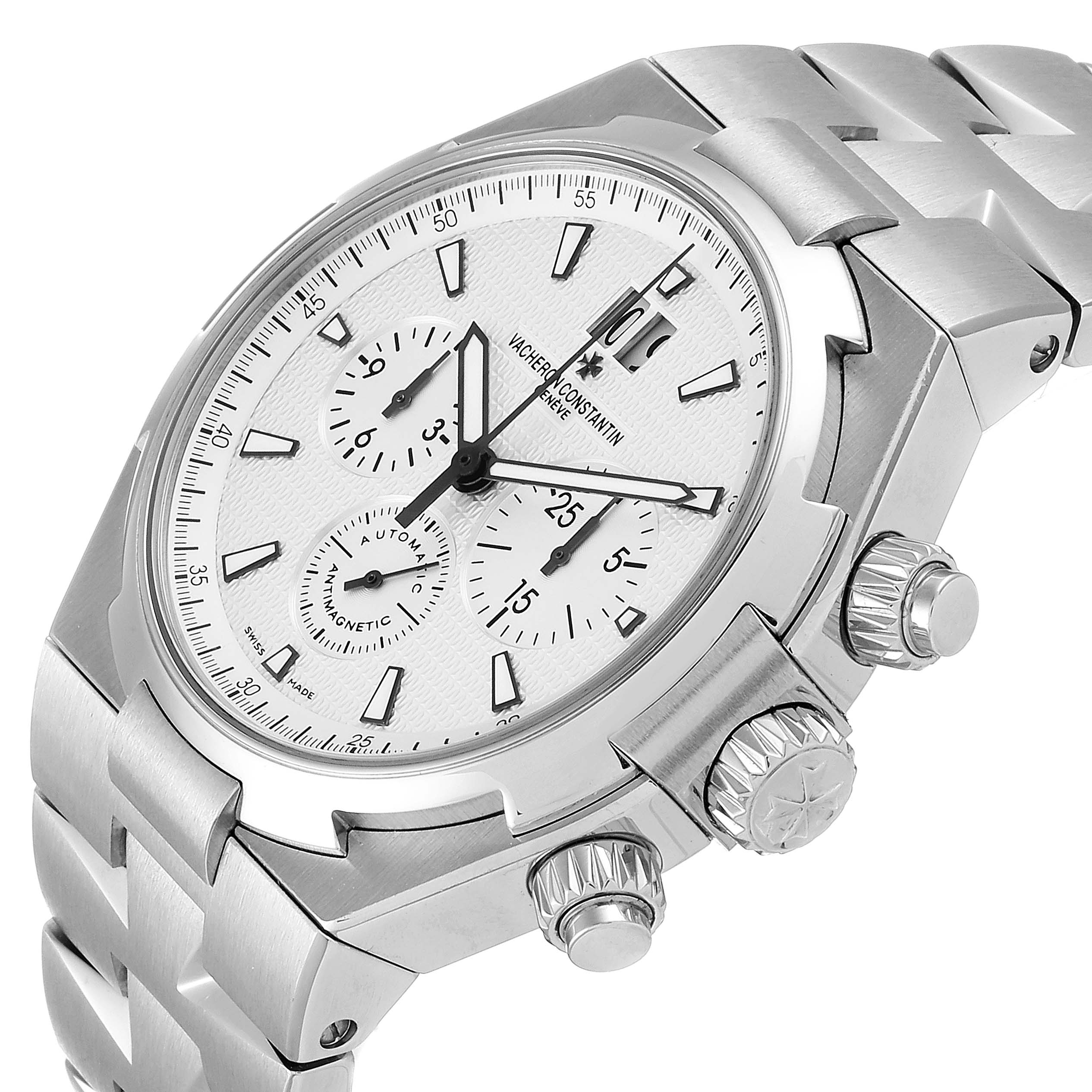 The image shows a Vacheron Constantin Overseas 49150 Men's Stainless Steel Silver Dial 49150 Men's Stainless Steel Silver Dial watch from a side angle, highlighting the dial, crown, and chronograph pushers.