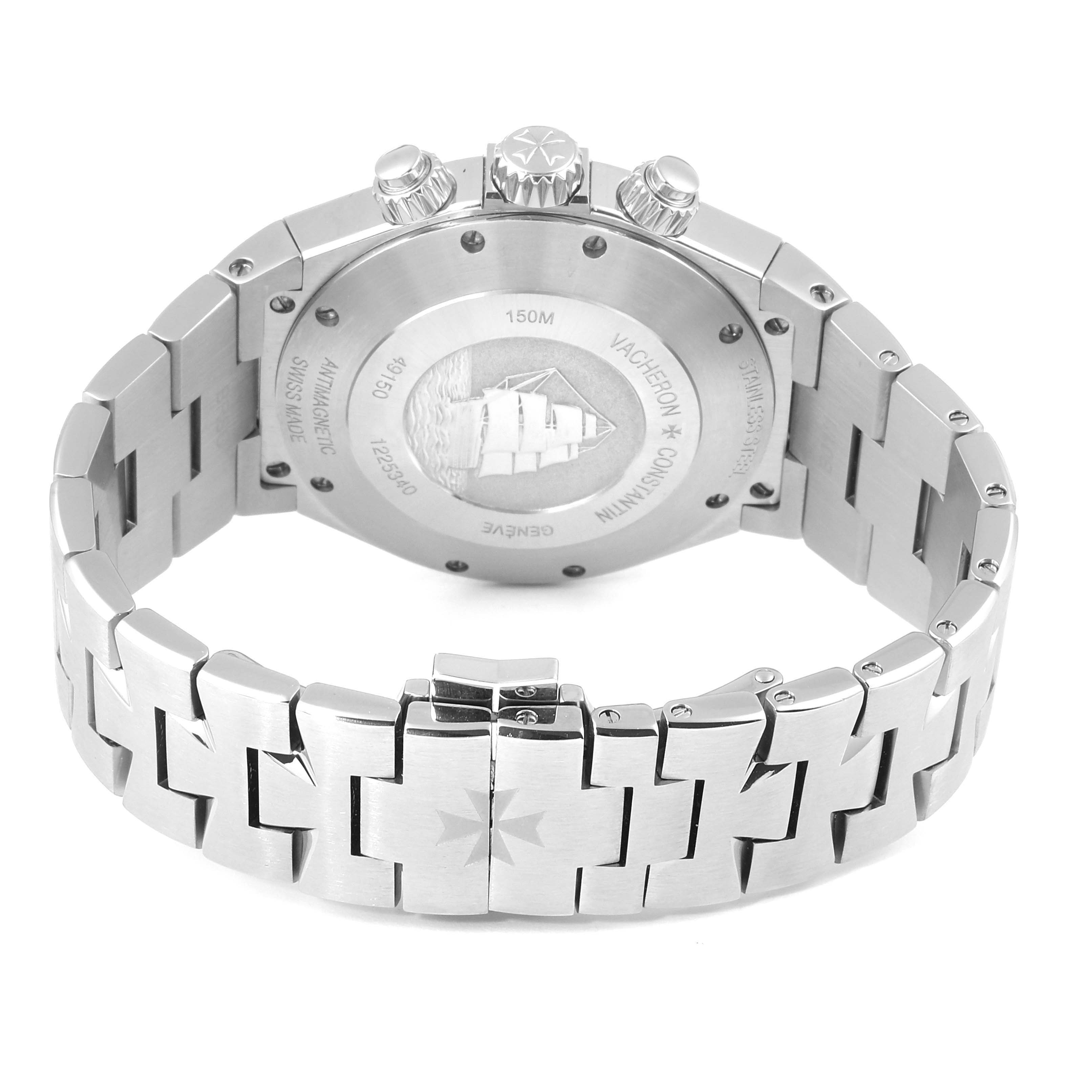 The image shows the back view of a Vacheron Constantin Overseas 49150 Men's Stainless Steel Silver Dial 49150 Men's Stainless Steel Silver Dial watch, highlighting the case back, bracelet, and clasp.
