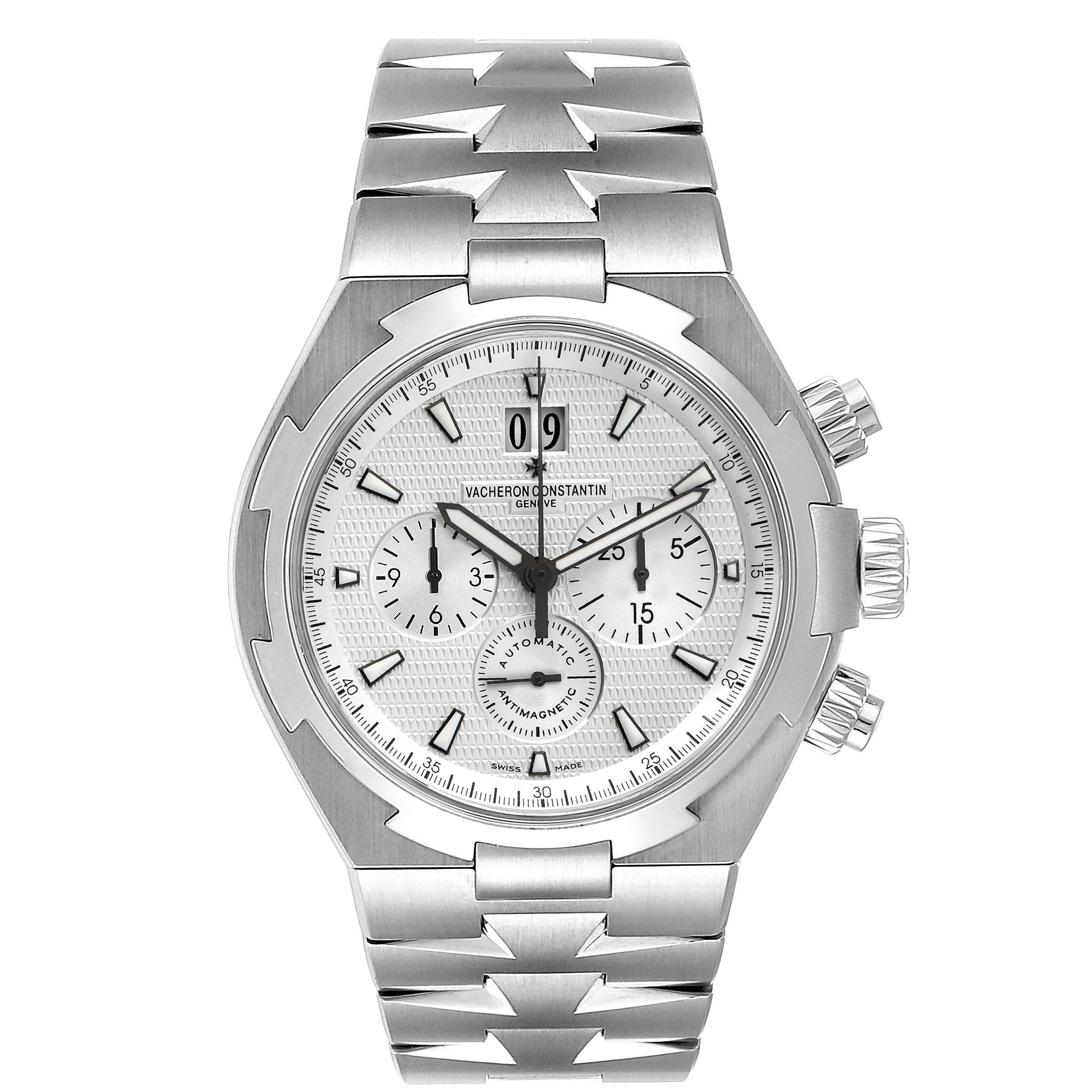 The Vacheron Constantin Overseas 49150 Men's Stainless Steel Silver Dial 49150 Men's Stainless Steel Silver Dial watch is shown from the front, displaying its face, bezel, bracelet, and side crowns.