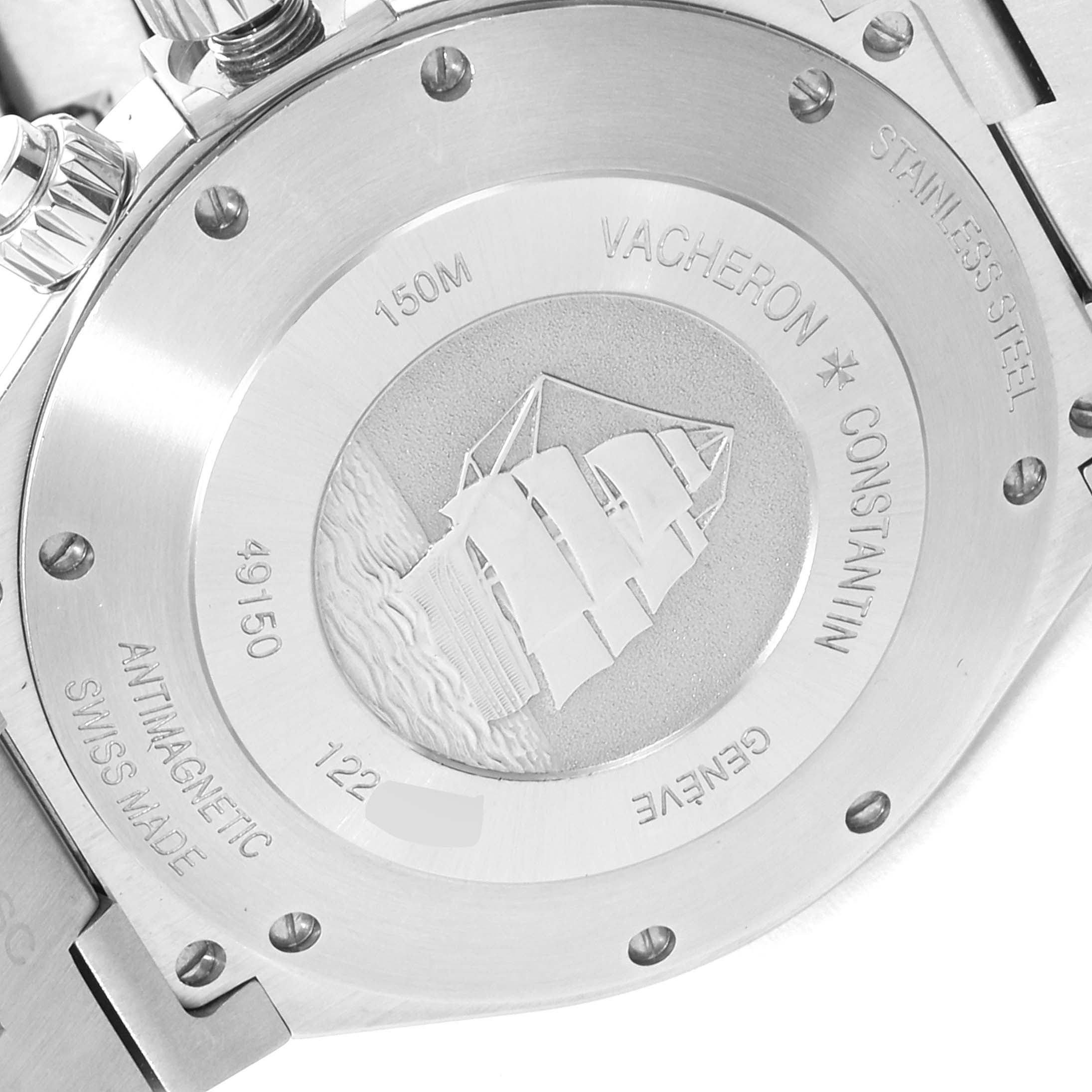 This image shows the case back of a Vacheron Constantin Overseas 49150 Men's Stainless Steel Silver Dial 49150 Men's Stainless Steel Silver Dial watch.