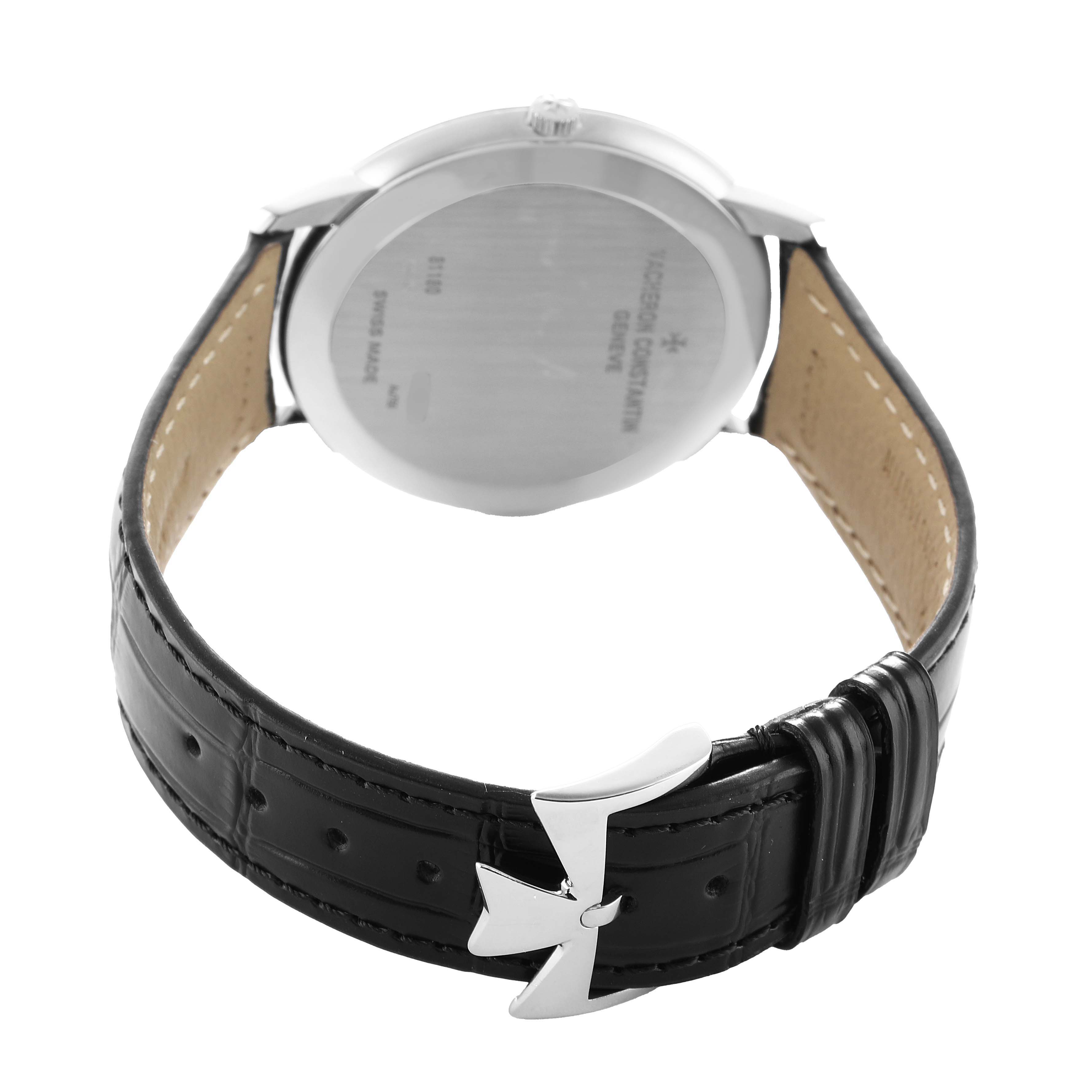 The image shows the back and leather strap of a Vacheron Constantin Patrimony 81180/000G Men's White Gold Silver Dial watch.