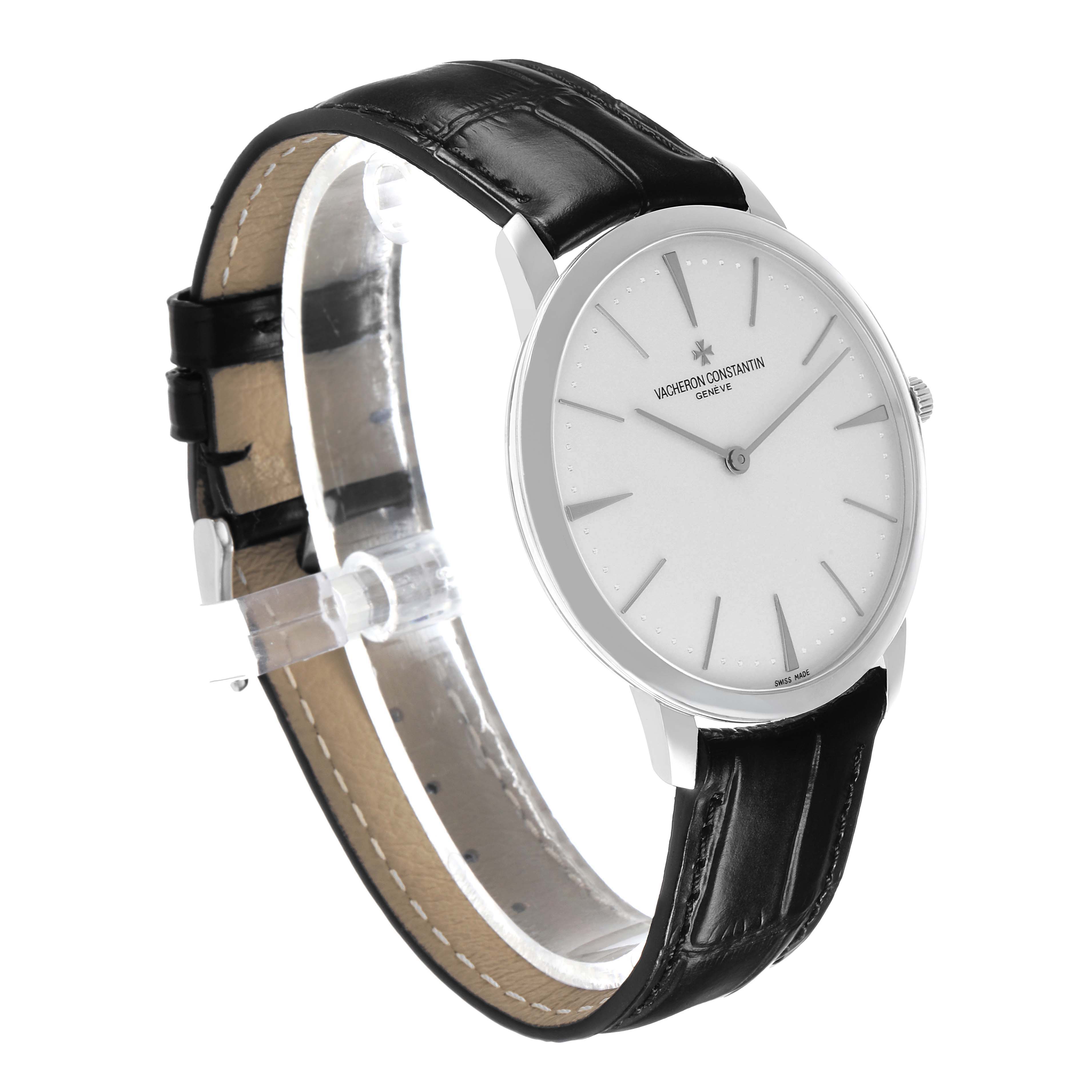 The Vacheron Constantin Patrimony 81180/000G Men's White Gold Silver Dial watch is shown at a slight angle, highlighting the face, case, and leather strap.