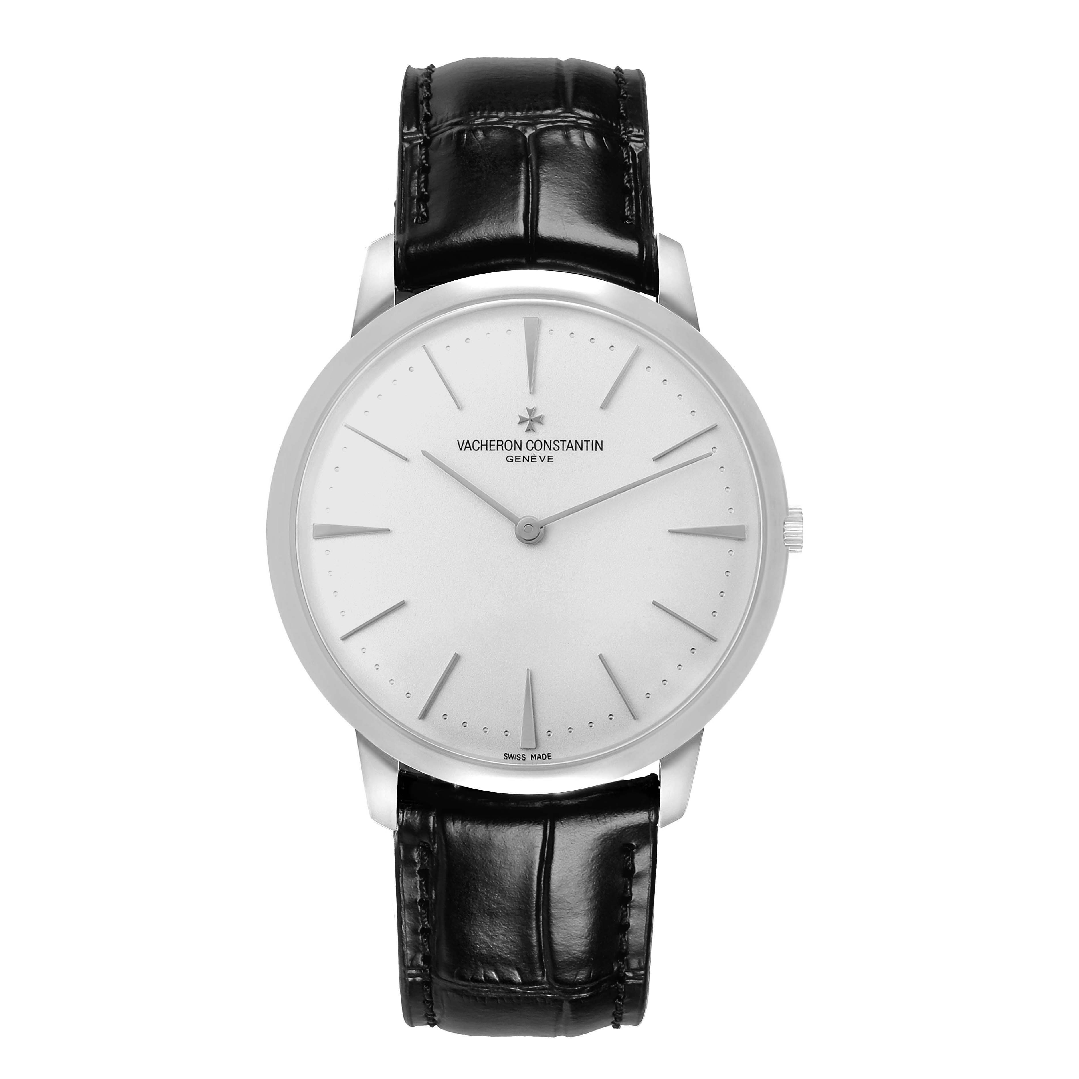 The image shows a front view of the Vacheron Constantin Patrimony 81180/000G Men's White Gold Silver Dial watch, highlighting its dial, hands, and leather strap.