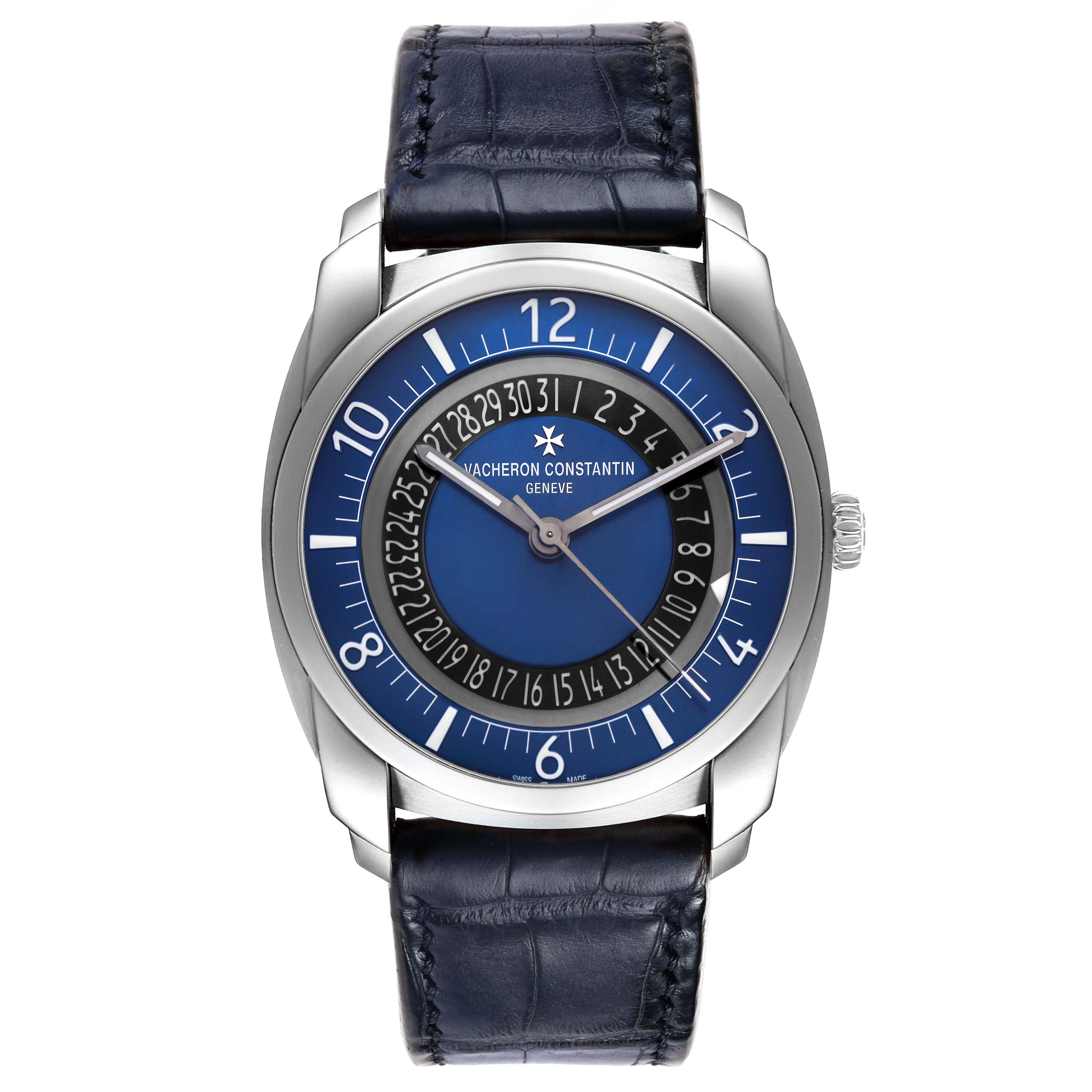 The Vacheron Constantin Quai de L'Ile watch is shown in a direct front view, highlighting its dial, hands, and blue leather strap.