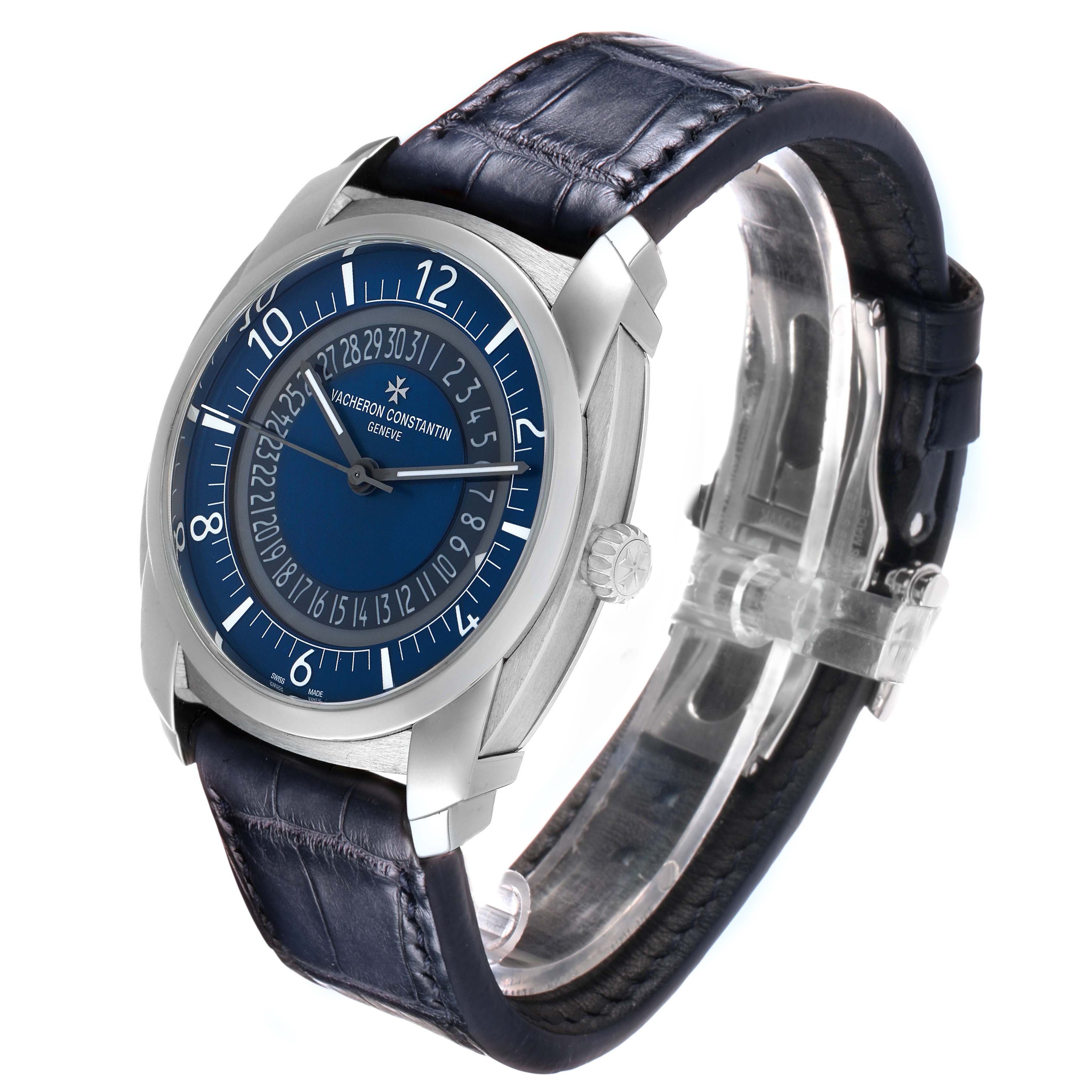 The Vacheron Constantin Quai de L'Ile watch is shown from a side angle, highlighting the face, crown, and strap.