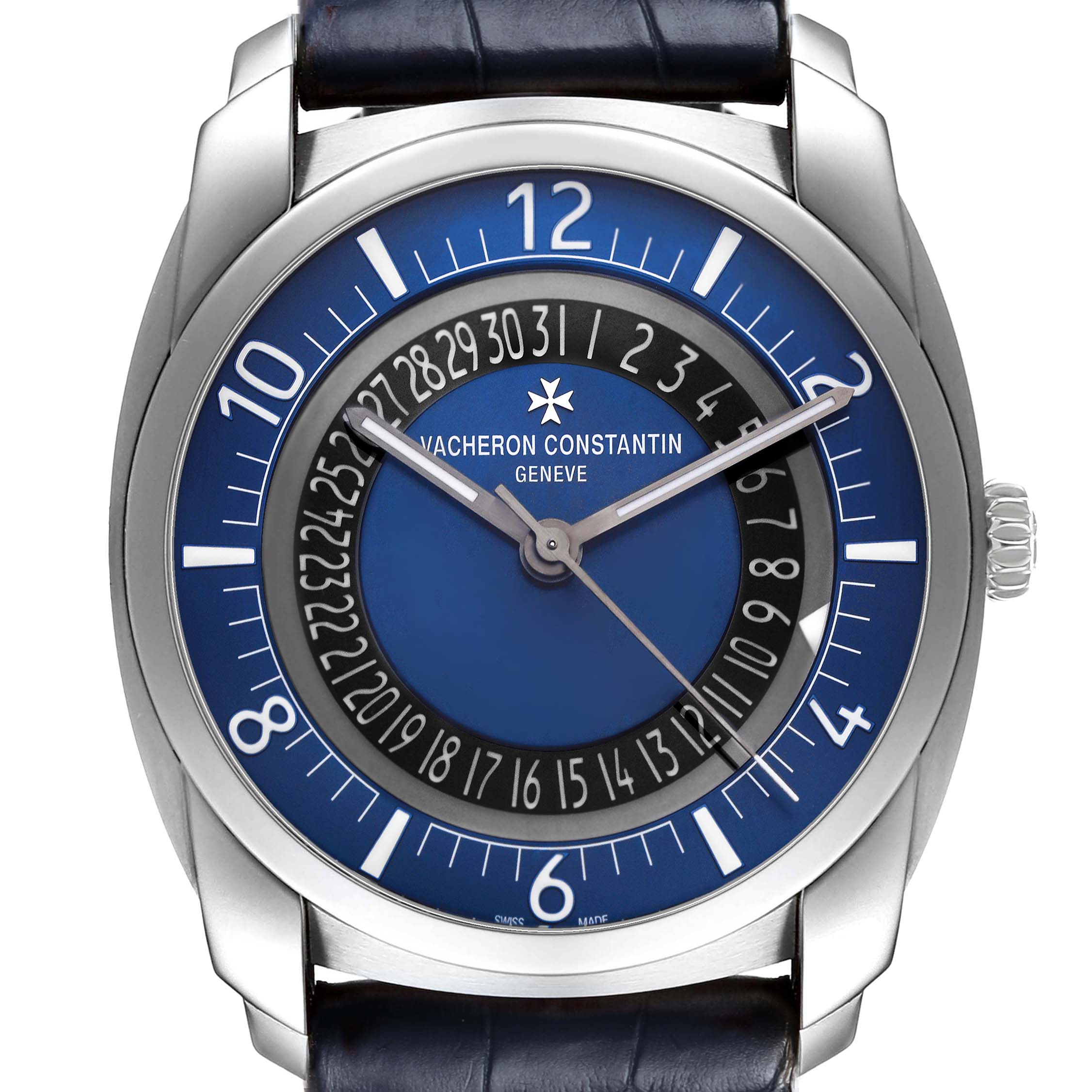 The Vacheron Constantin Quai de l’Île watch is shown from the front, displaying its blue dial, hands, and numerals.