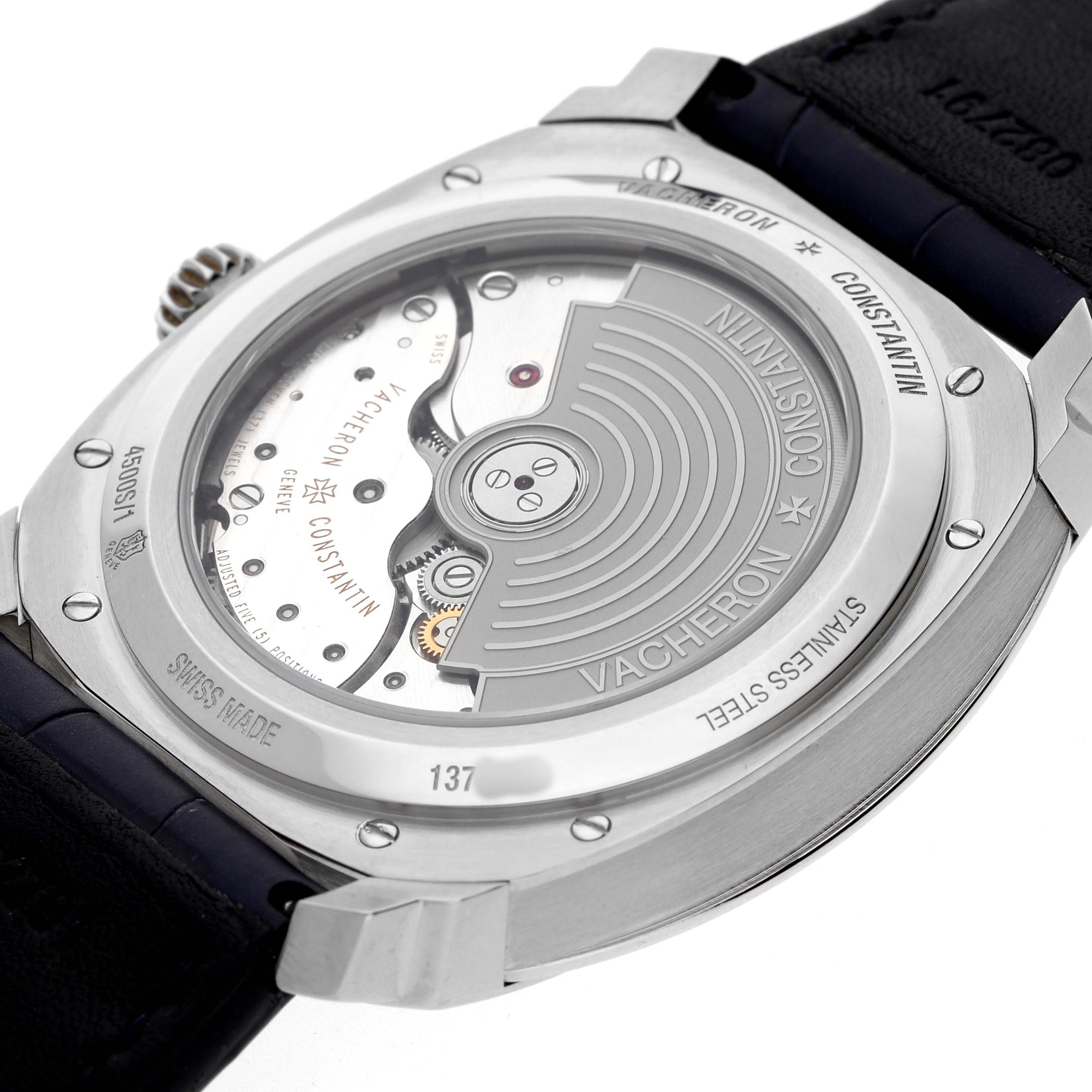 The image shows the back of the Vacheron Constantin Quai de l'Ile watch, highlighting the movement and rotor.