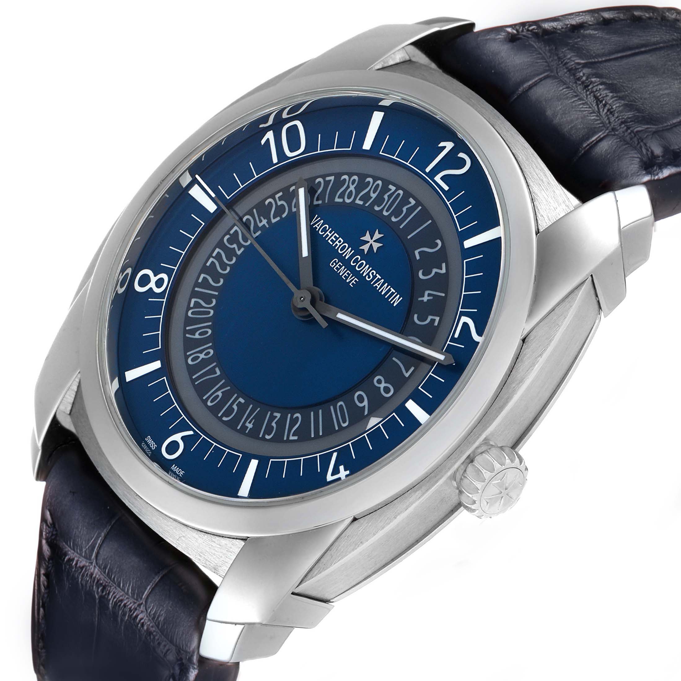 The image shows a Vacheron Constantin Quai de L'Ile watch from an oblique angle, highlighting the face, strap, and crown.