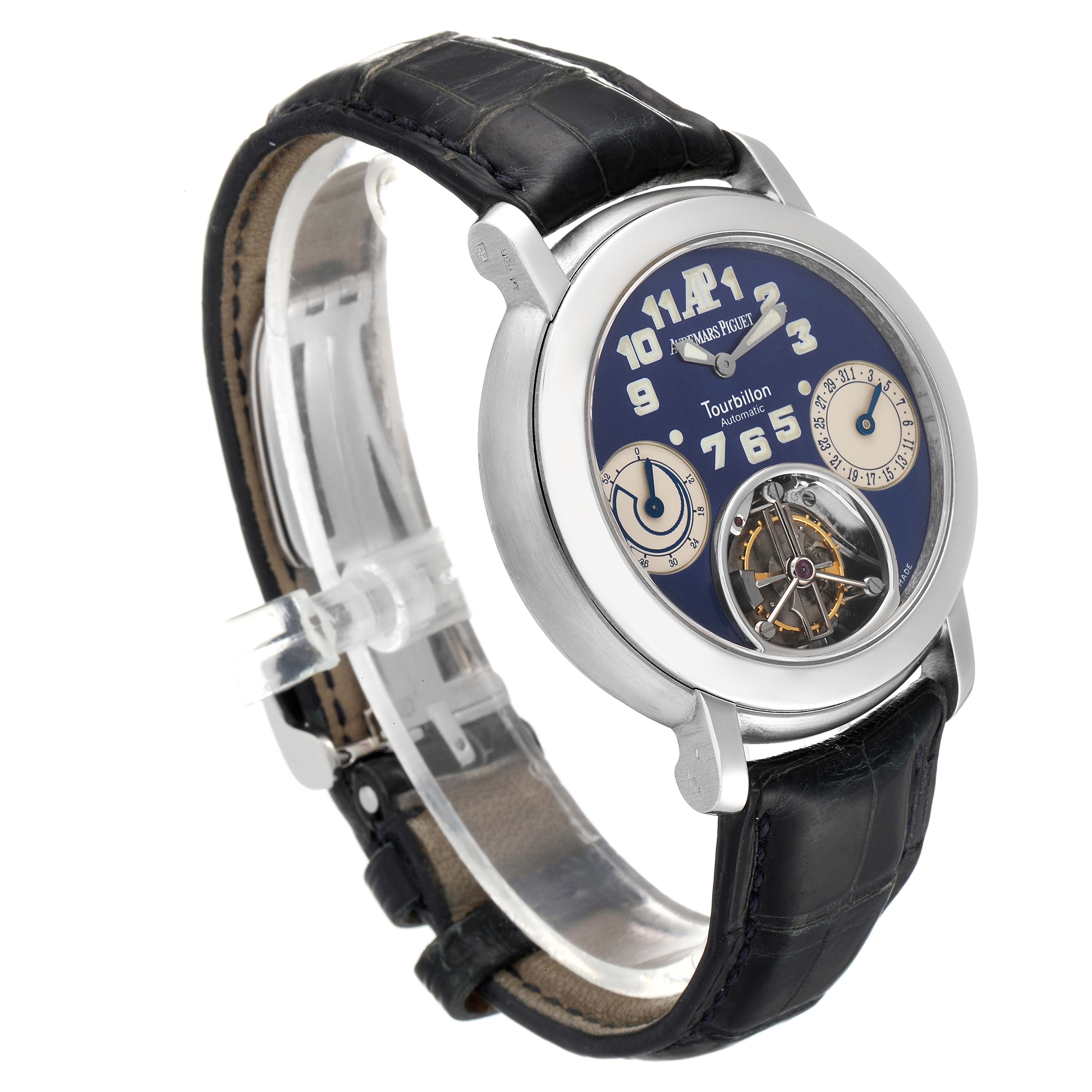 The image shows a side-angle view of an Audemars Piguet Jules 25964PT.OO.D022CR.01 Men's Platinum Blue Dial 25964PT.OO.D022CR.01 Men's Platinum Blue Dial model watch, highlighting the face, dials, and leather strap.