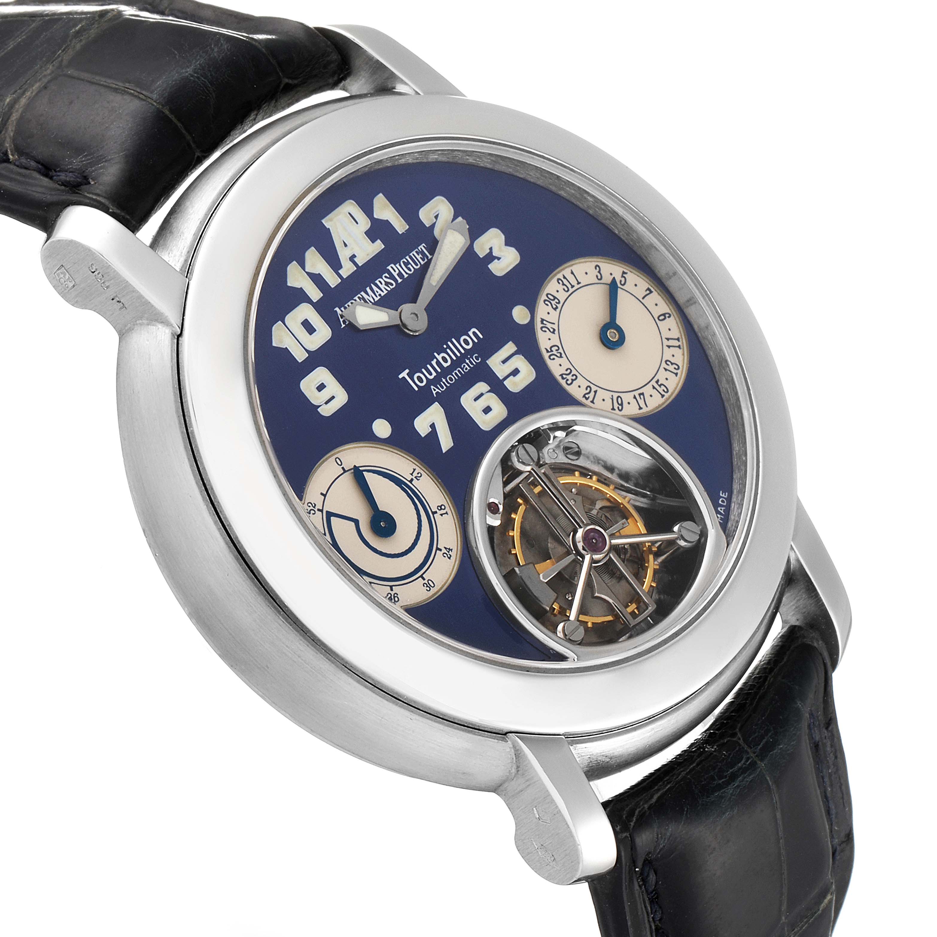 The image shows an angled view of the dial, case, and part of the strap of a Jules model watch by Audemars Piguet.