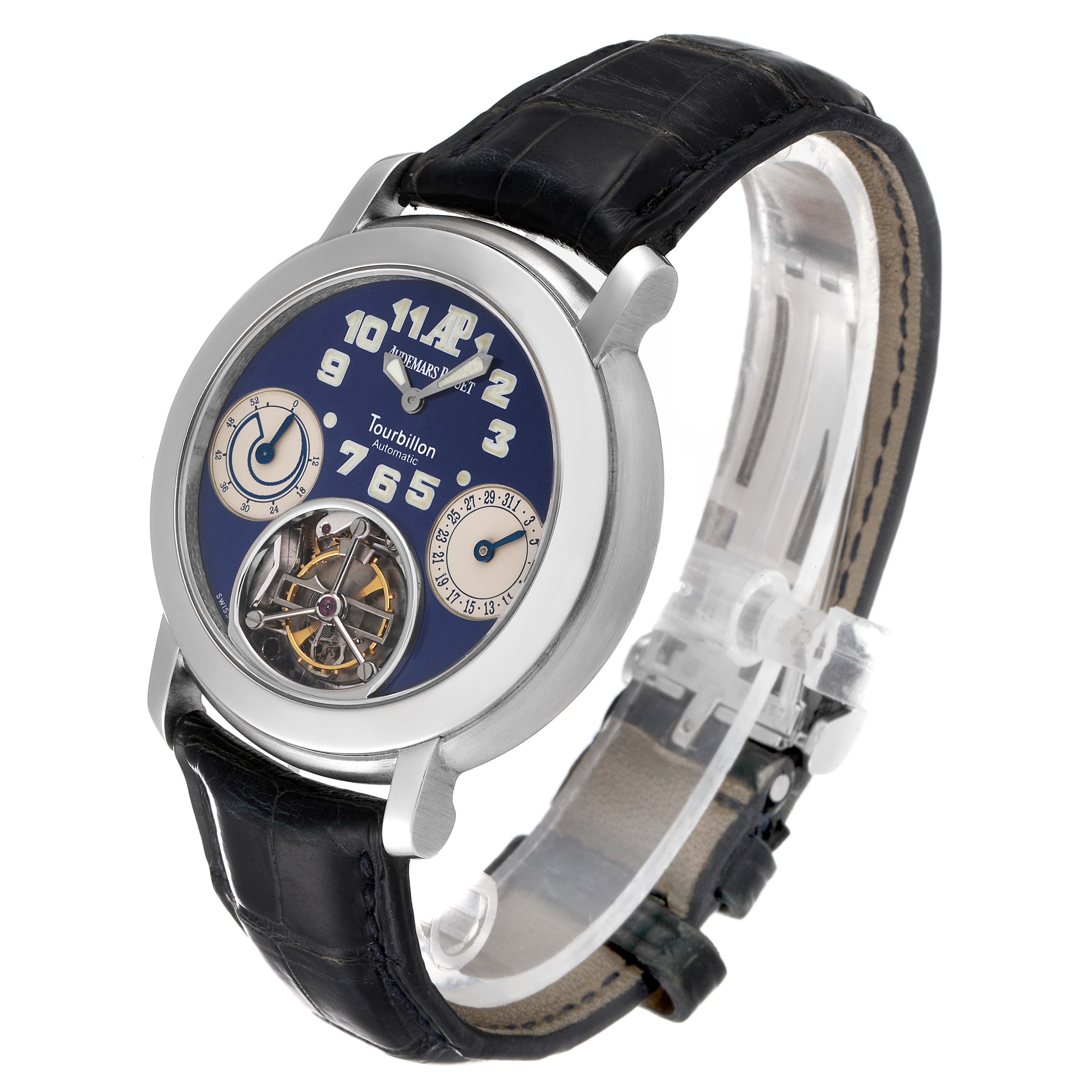 The image displays a side angle of the Audemars Piguet Jules 25964PT.OO.D022CR.01 Men's Platinum Blue Dial 25964PT.OO.D022CR.01 Men's Platinum Blue Dial model watch, showing its dial, strap, and part of the case.