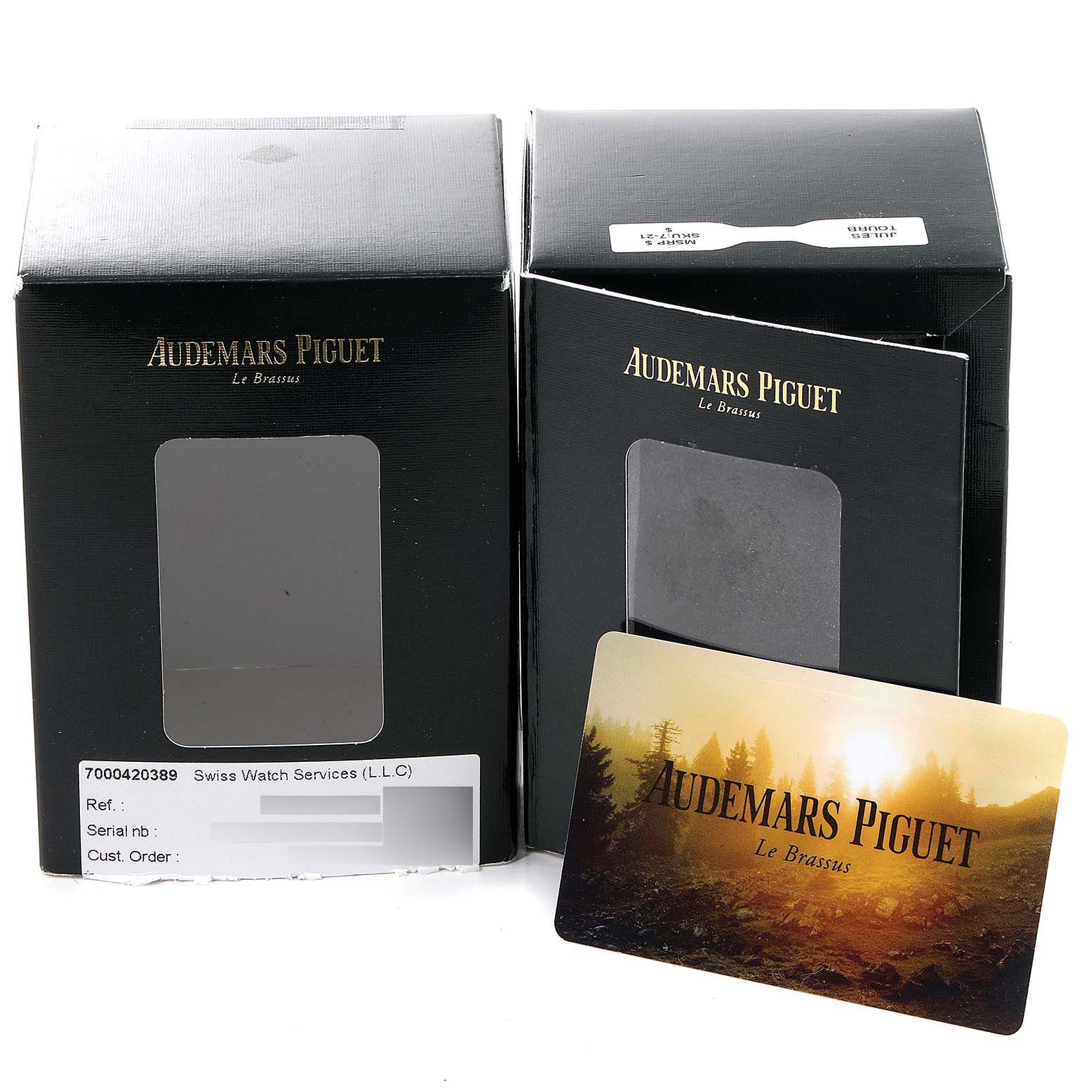 The image shows packaging and a card for the Audemars Piguet Jules 25964PT.OO.D022CR.01 Men's Platinum Blue Dial 25964PT.OO.D022CR.01 Men's Platinum Blue Dial watch model.