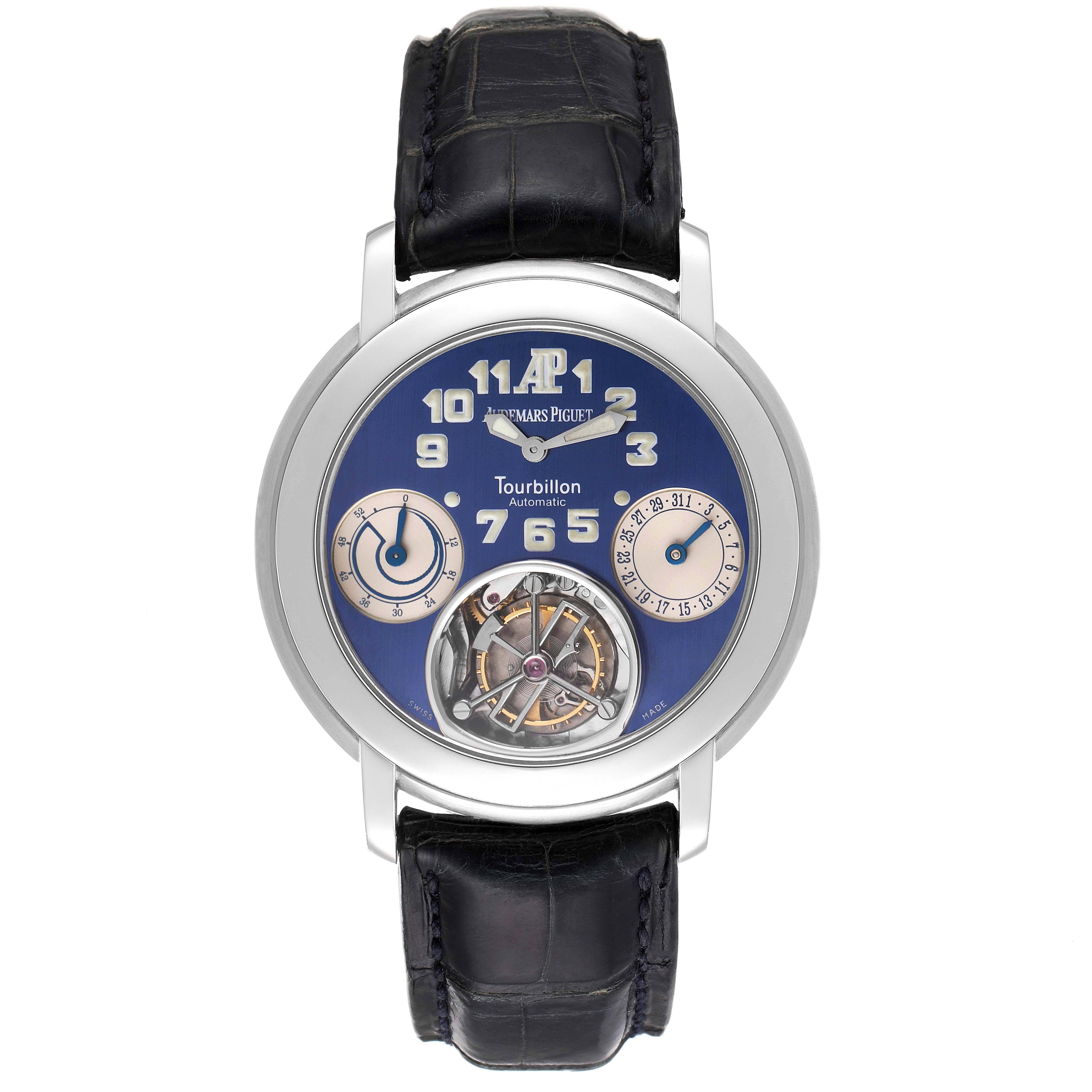 The image shows a front view of an Audemars Piguet Jules 25964PT.OO.D022CR.01 Men's Platinum Blue Dial 25964PT.OO.D022CR.01 Men's Platinum Blue Dial model watch, displaying its blue dial, tourbillon, and black leather strap.