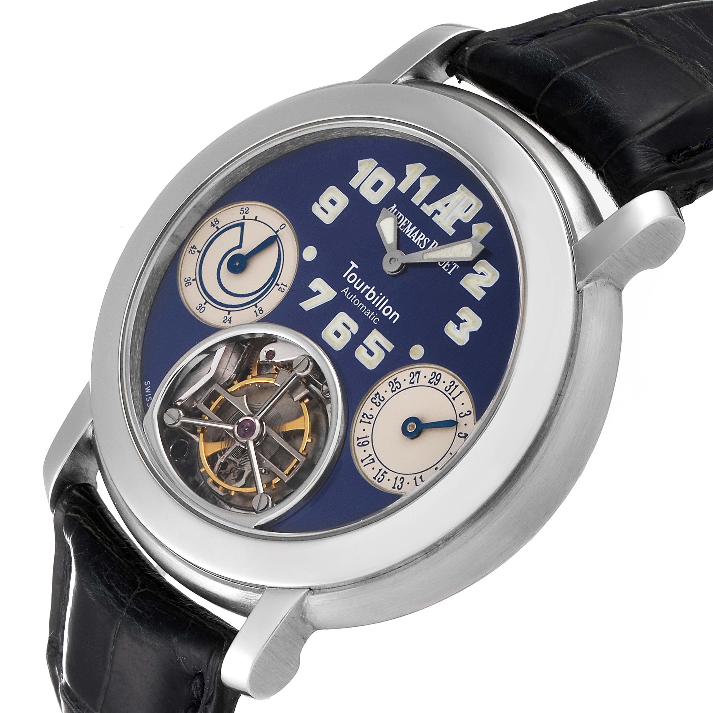 The image displays an angled view of the Jules Audemars Piguet watch, showcasing its dial, tourbillon, subdials, and leather strap.
