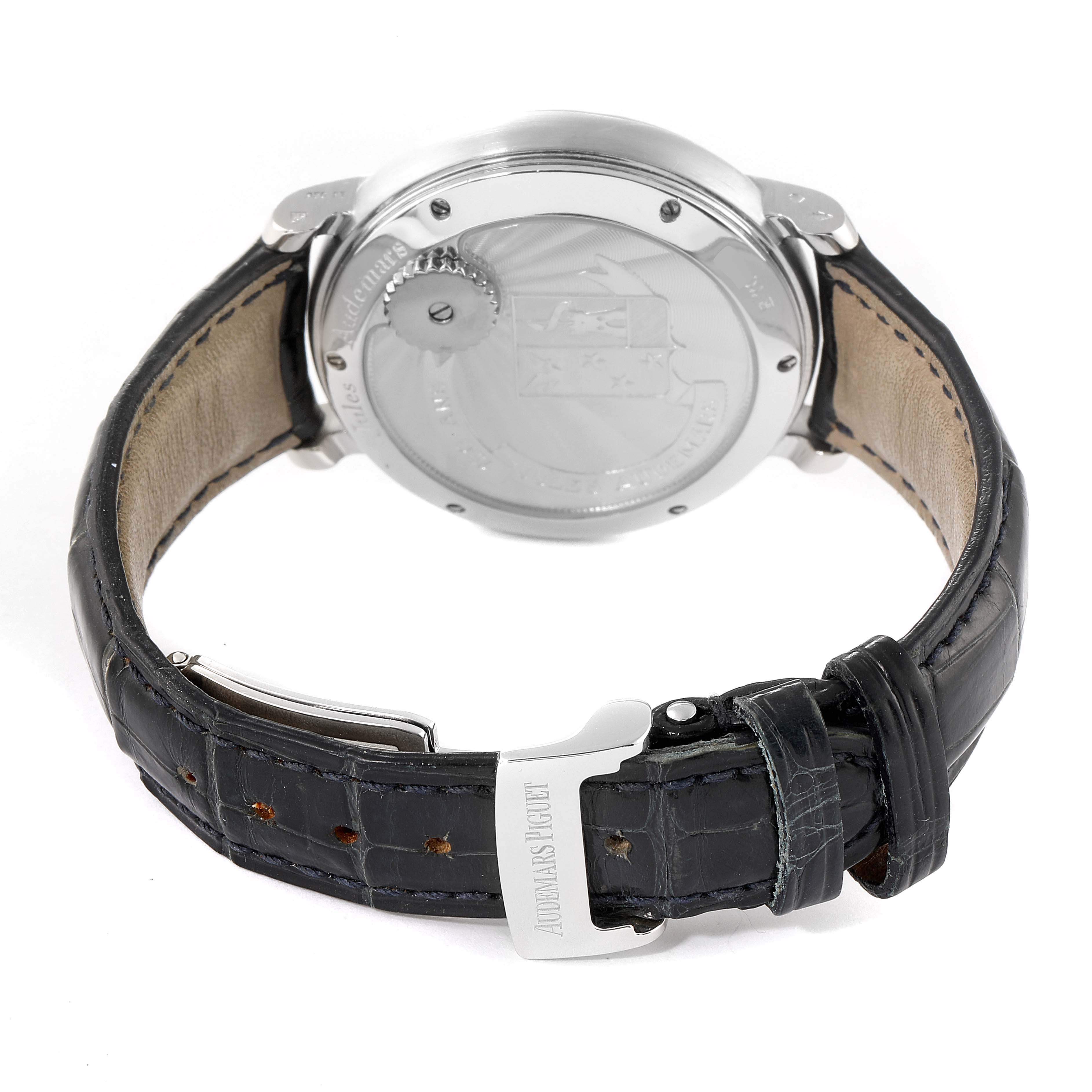 The image shows the back and leather strap of an Audemars Piguet Jules 25964PT.OO.D022CR.01 Men's Platinum Blue Dial 25964PT.OO.D022CR.01 Men's Platinum Blue Dial model watch.