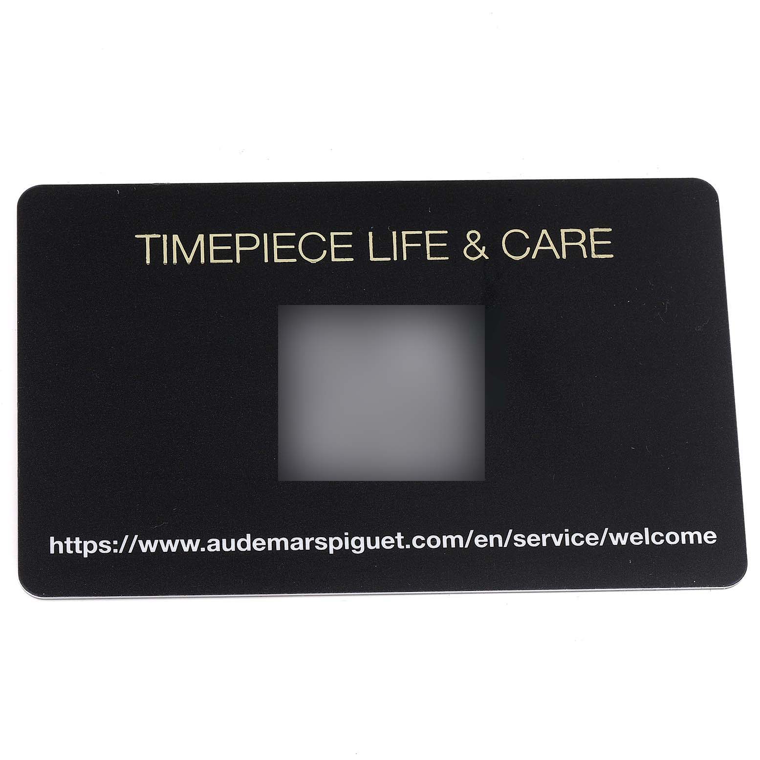 The image shows a service card for the Jules model by Audemars Piguet, displaying care instructions and a URL.