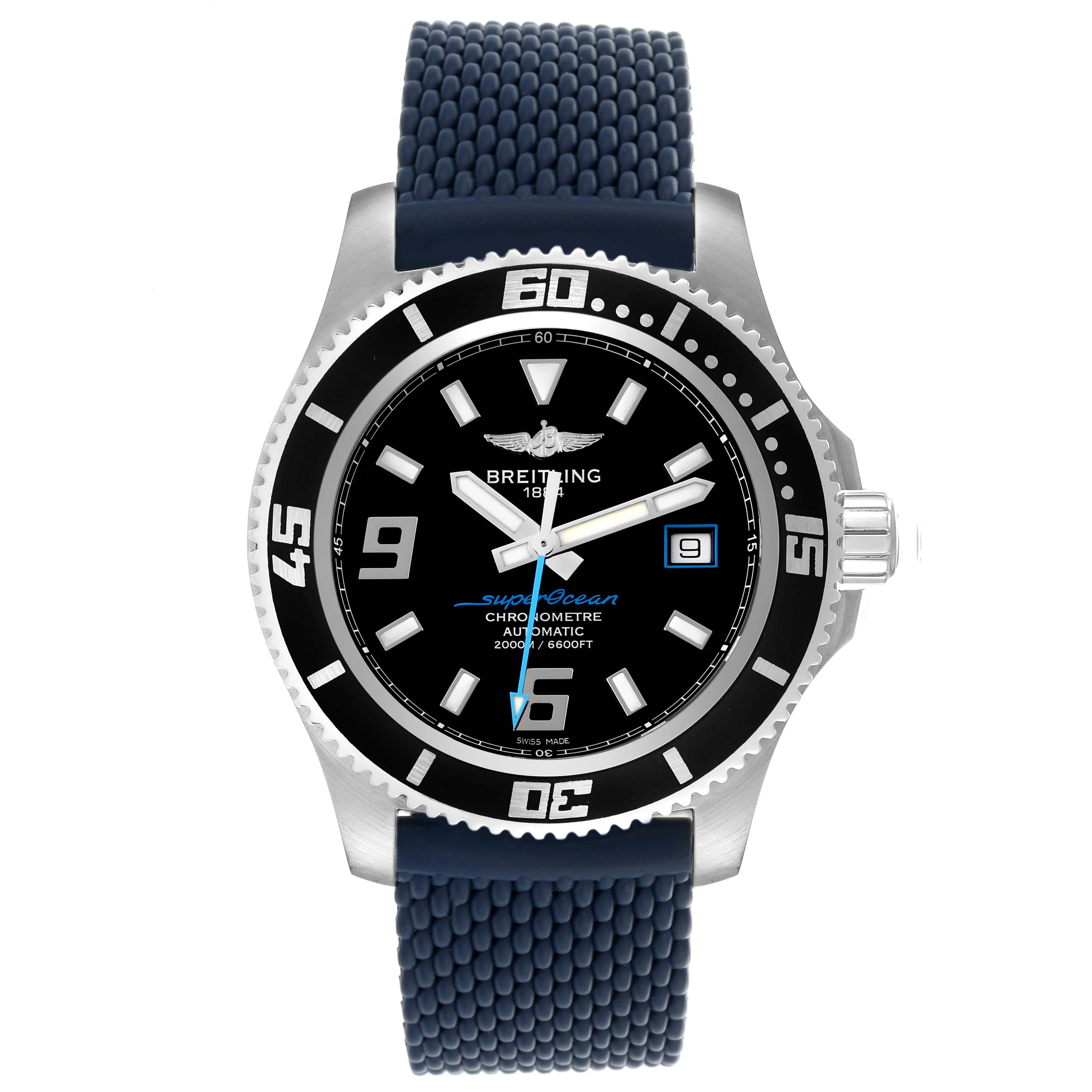 The Breitling Superocean A17391 Men's Stainless Steel Black Dial A17391 Men's Stainless Steel Black Dial watch is shown from the front, highlighting the dial, bezel, hands, and blue rubber strap.