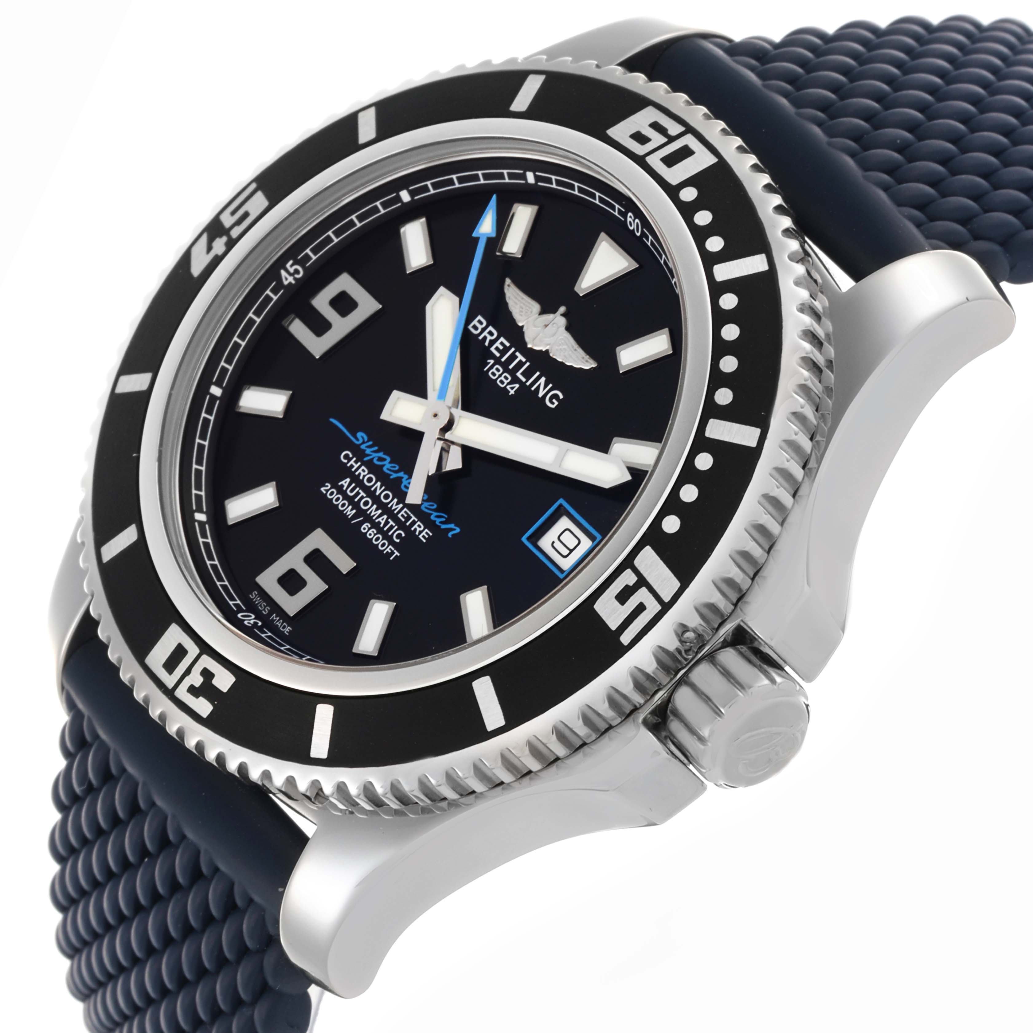 The Breitling Superocean A17391 Men's Stainless Steel Black Dial A17391 Men's Stainless Steel Black Dial watch is shown at an angle highlighting the bezel, crown, and part of the strap.