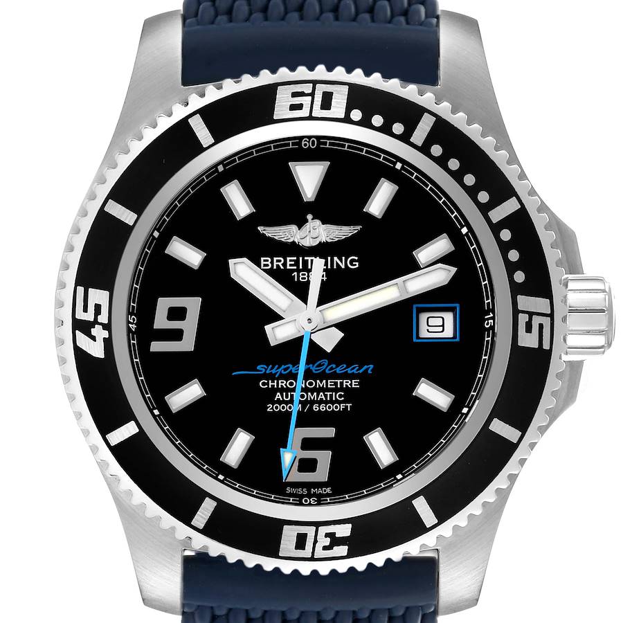 The Breitling Superocean watch is shown from a front angle, highlighting the dial, bezel, crown, and strap.