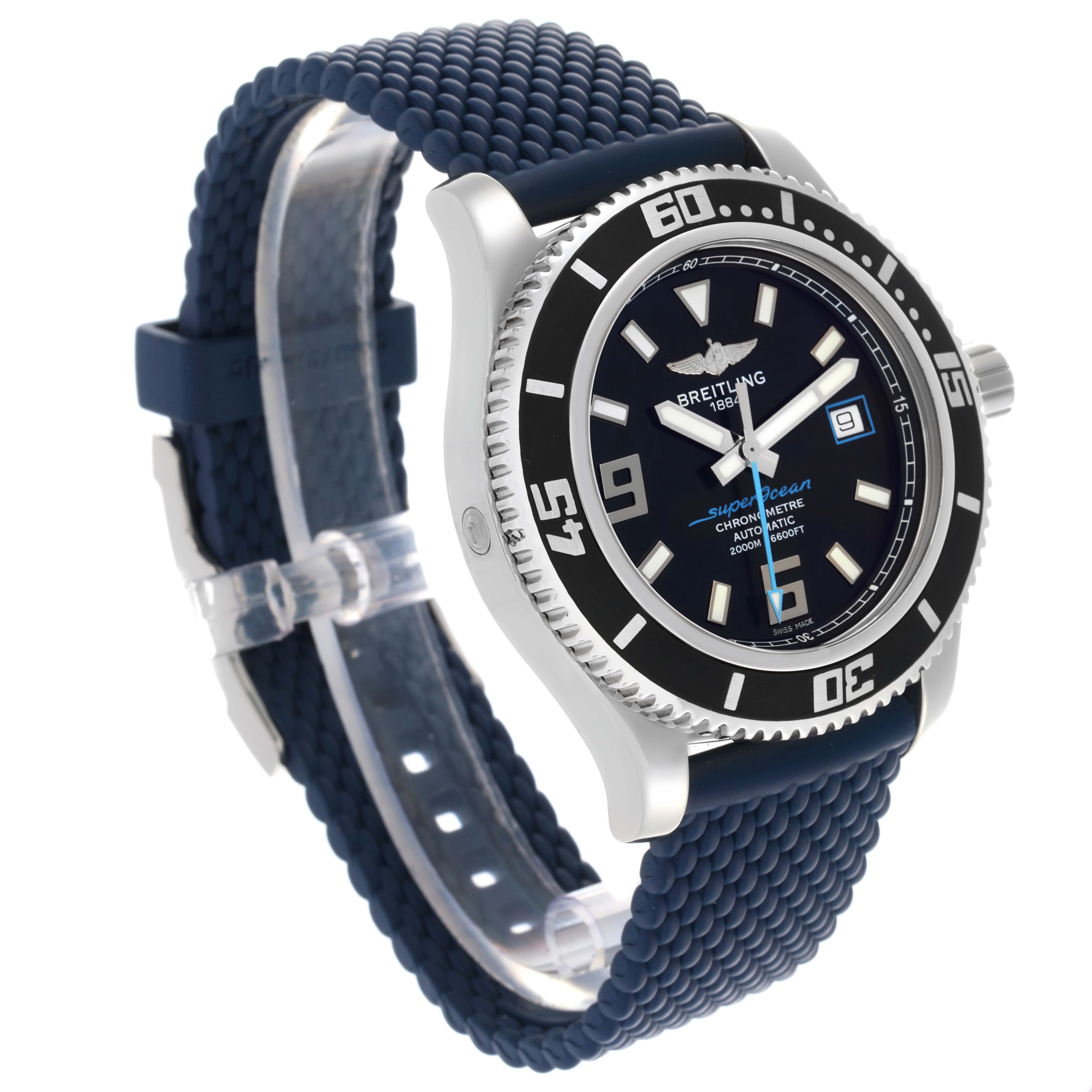 The Breitling Superocean A17391 Men's Stainless Steel Black Dial A17391 Men's Stainless Steel Black Dial watch is shown at a three-quarter angle, displaying the face, bezel, and blue textured strap.