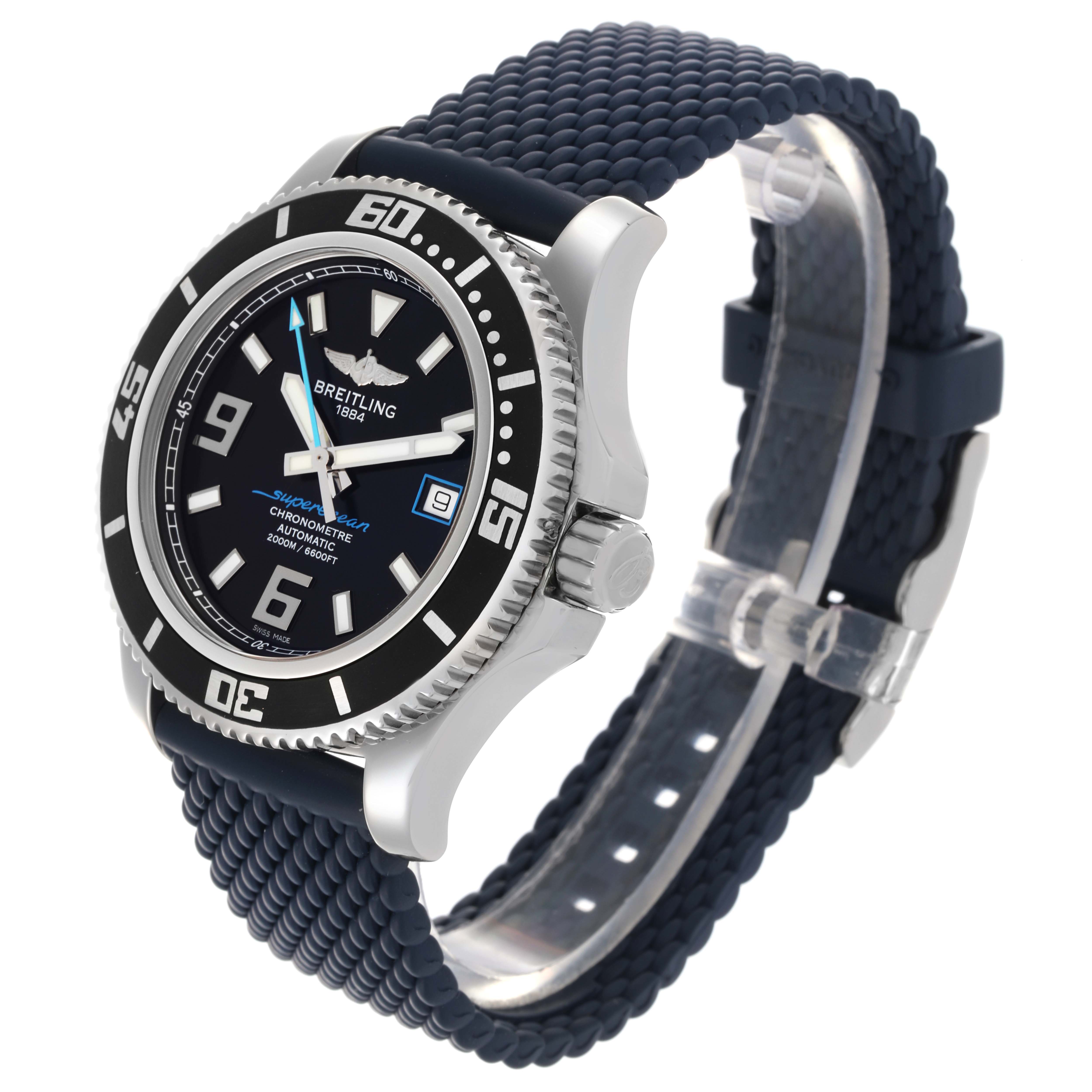The Breitling Superocean A17391 Men's Stainless Steel Black Dial A17391 Men's Stainless Steel Black Dial watch is shown at a three-quarter angle, displaying the face, bezel, crown, and textured strap.