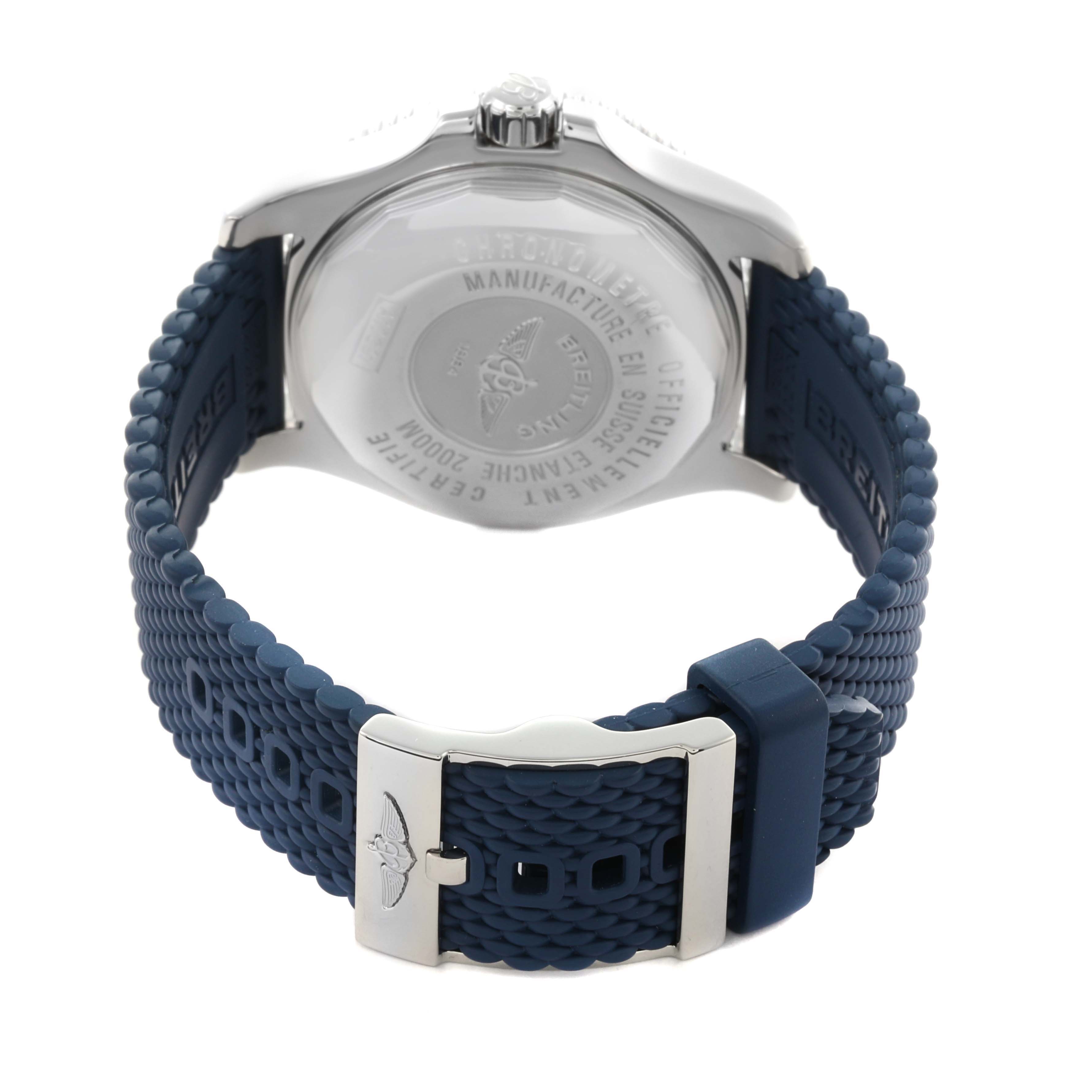 The Breitling Superocean A17391 Men's Stainless Steel Black Dial A17391 Men's Stainless Steel Black Dial watch is shown from the back, highlighting its caseback and textured strap with buckle.