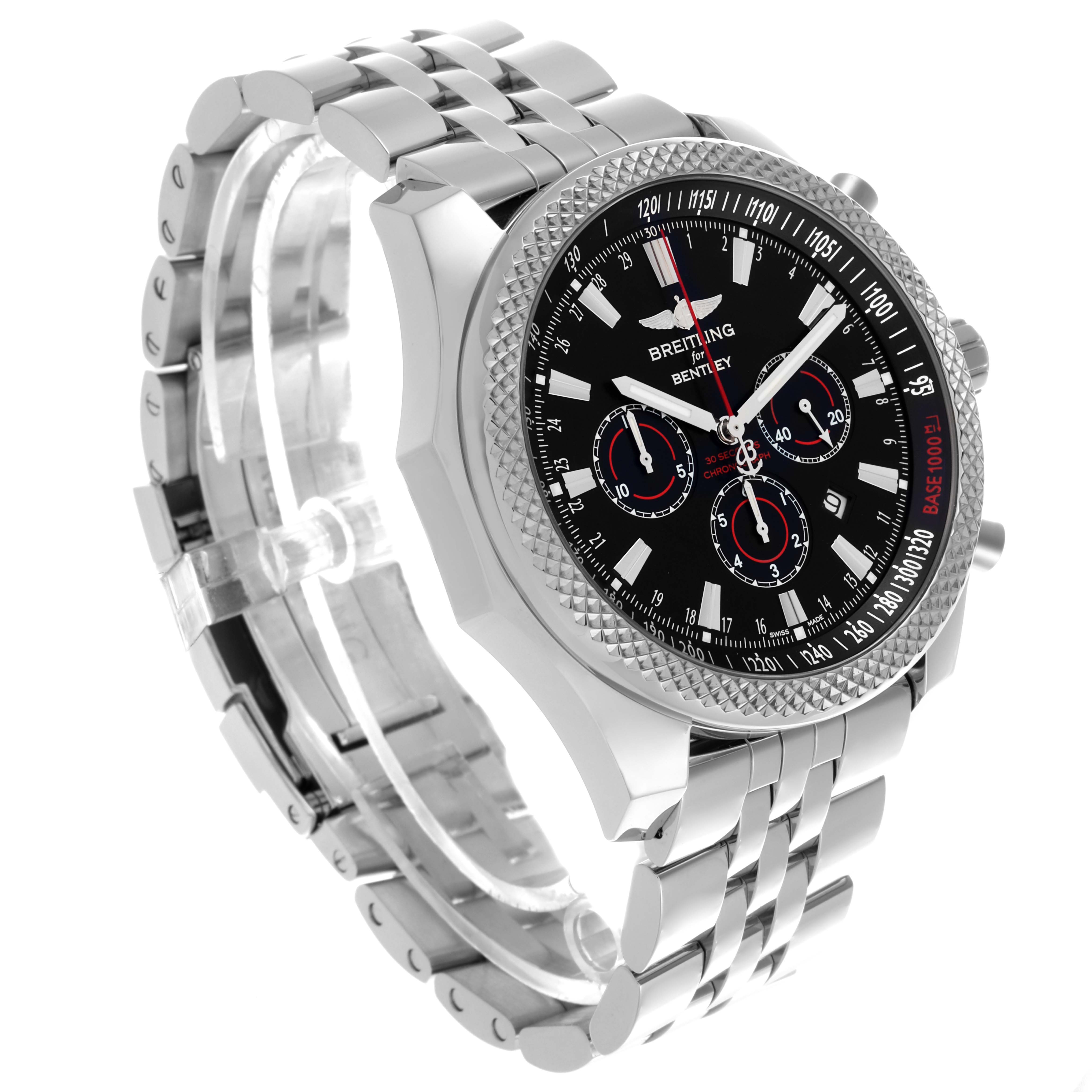 The Breitling Bentley A25368 Men's Stainless Steel Black Dial A25368 Men's Stainless Steel Black Dial watch is shown from a side/front angle, highlighting its bezel, dial, and metal bracelet.