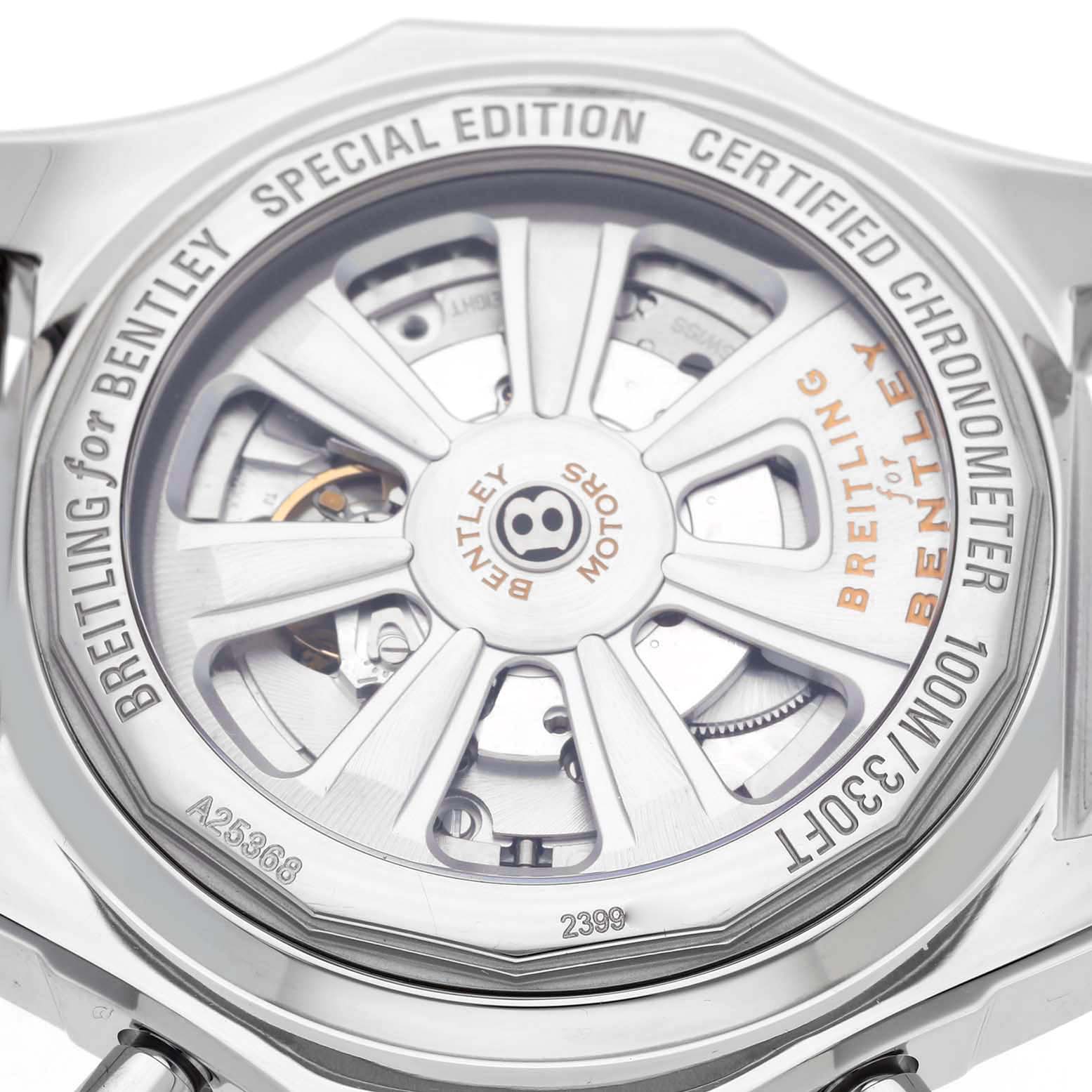 The image shows the back of a Breitling Bentley A25368 Men's Stainless Steel Black Dial A25368 Men's Stainless Steel Black Dial watch, highlighting its intricate rotor and engravings.