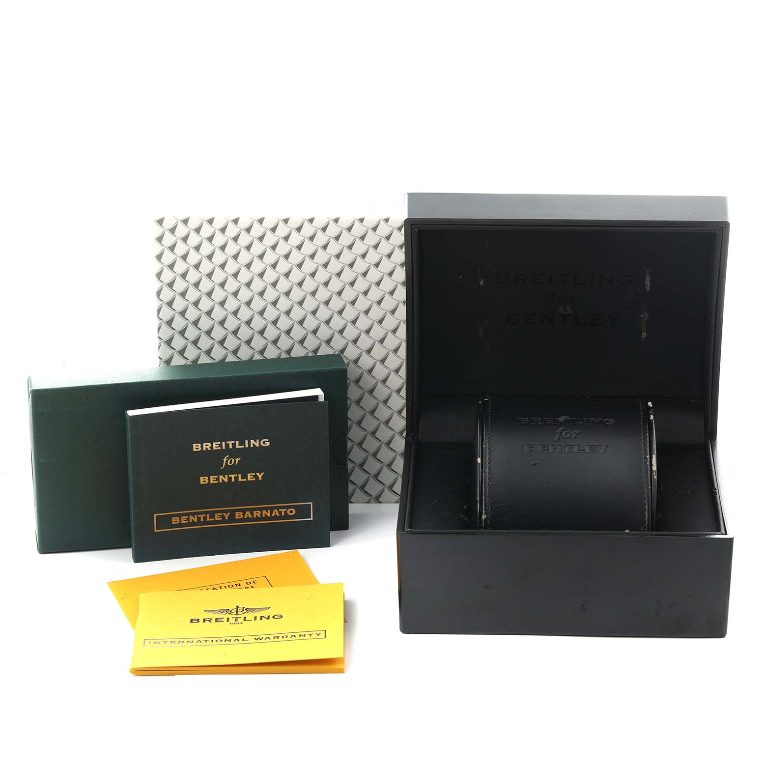 The image shows the packaging and accessories for a Breitling Bentley A25368 Men's Stainless Steel Black Dial A25368 Men's Stainless Steel Black Dial watch, including the box and documents from a front angle.