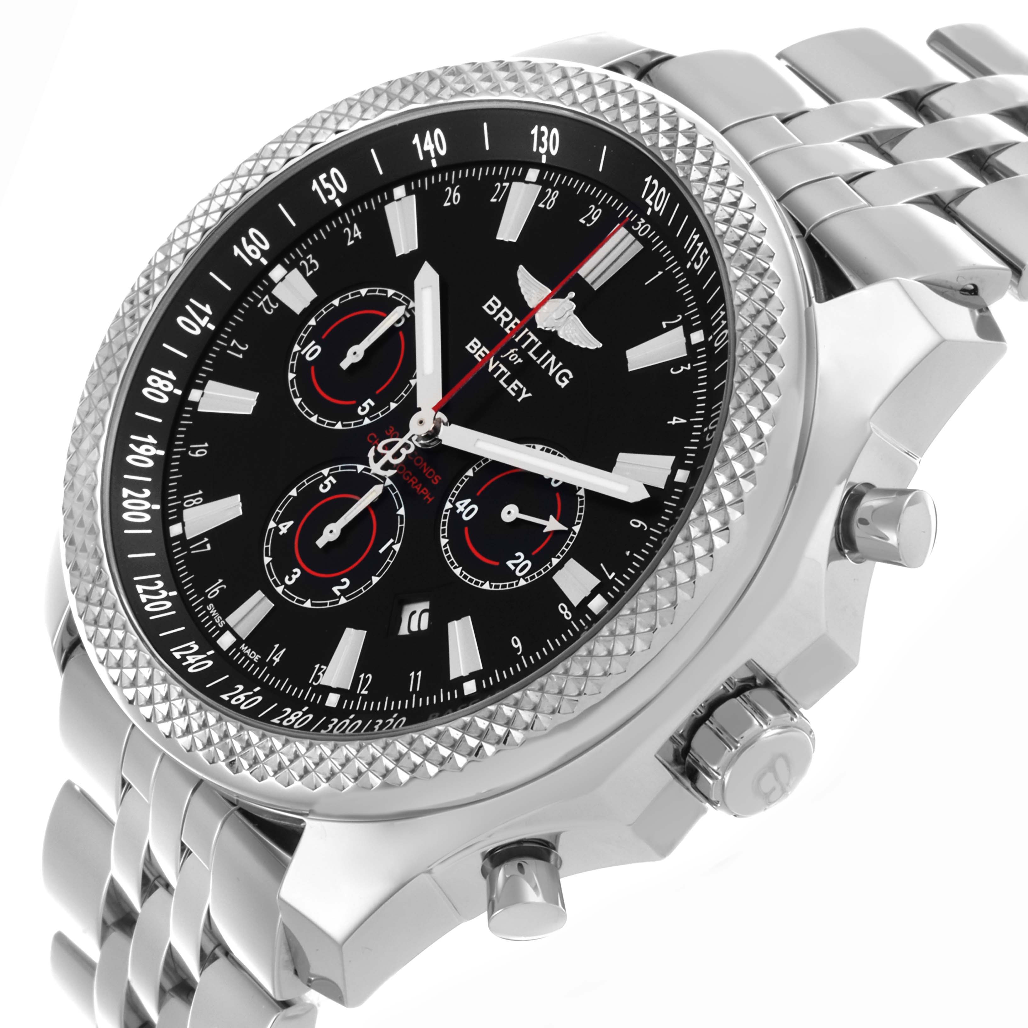 The Breitling Bentley A25368 Men's Stainless Steel Black Dial A25368 Men's Stainless Steel Black Dial watch is shown at a side angle, highlighting the bezel, dial, crown, and metal bracelet.