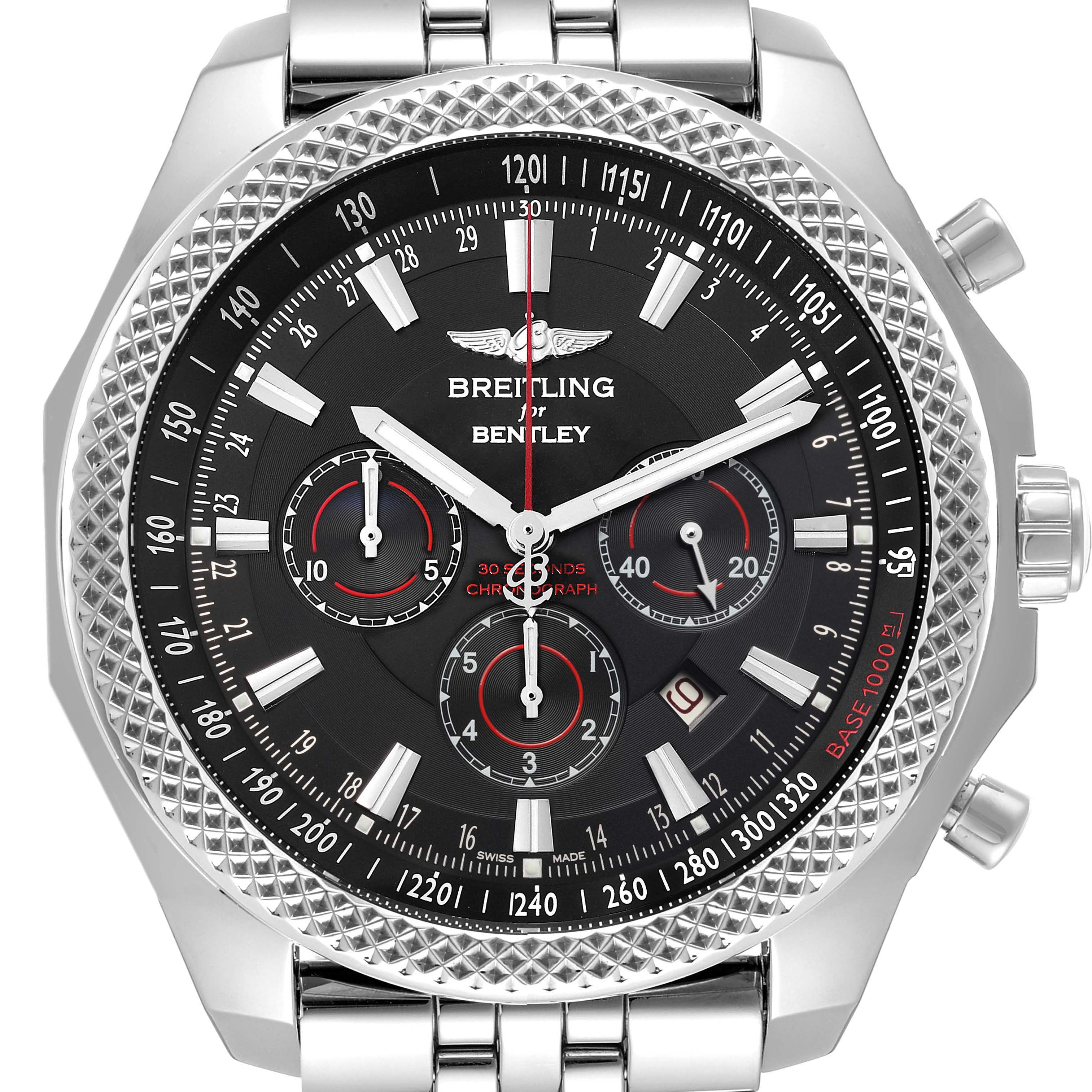 The Breitling Bentley A25368 Men's Stainless Steel Black Dial A25368 Men's Stainless Steel Black Dial watch is shown from a front angle, highlighting the dial, bezel, and part of the bracelet.