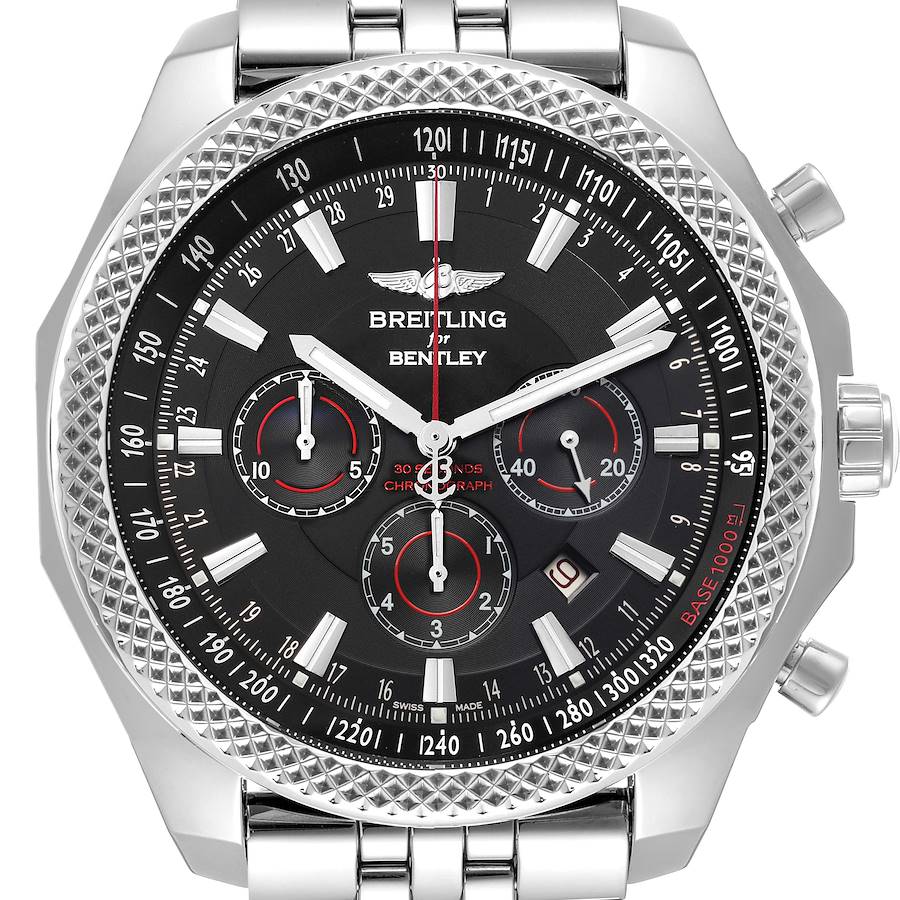 The Breitling Bentley watch is shown from a front angle, highlighting the dial, bezel, and part of the bracelet.