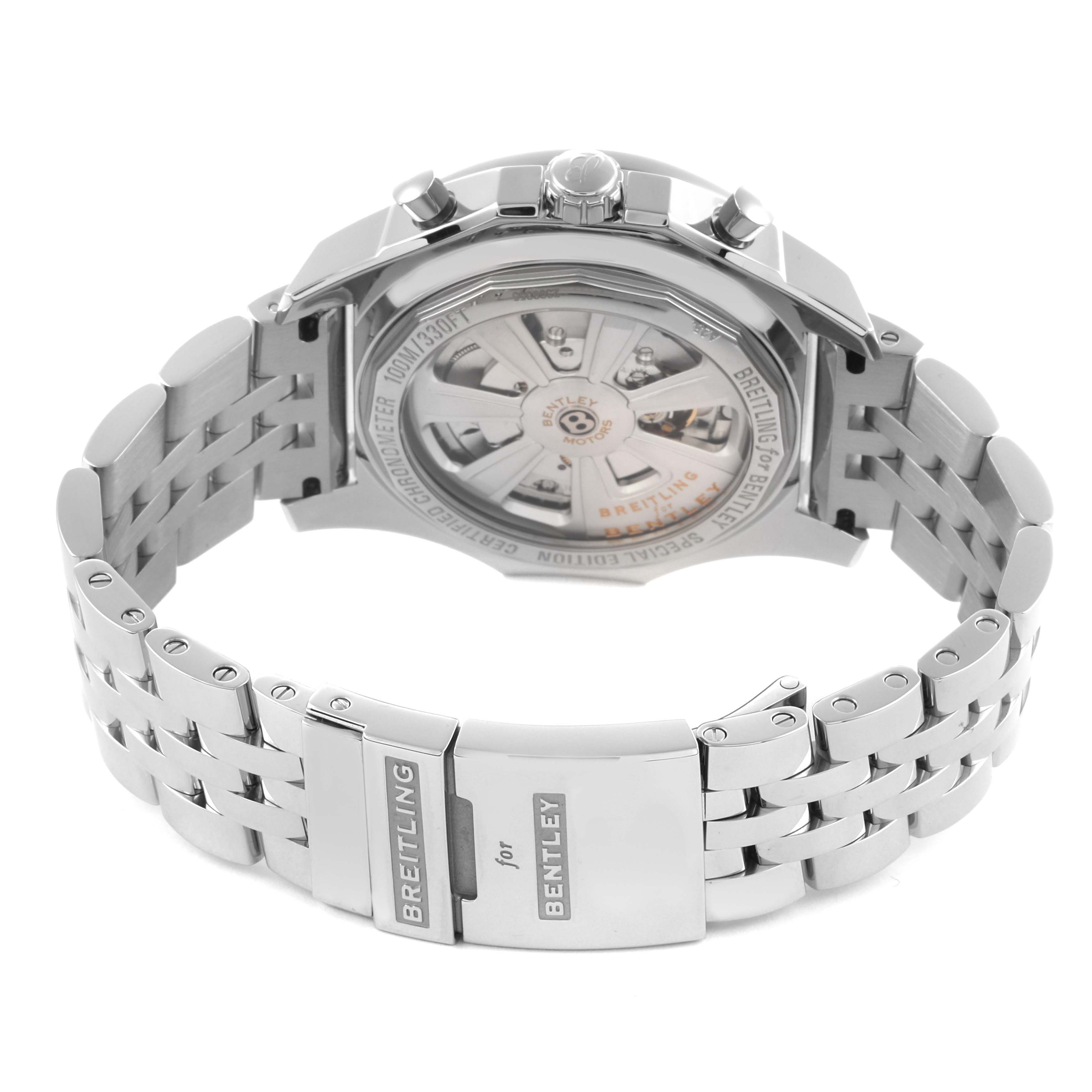 The Breitling Bentley A25368 Men's Stainless Steel Black Dial A25368 Men's Stainless Steel Black Dial watch is shown from the back, highlighting the transparent case back and metal bracelet clasp.