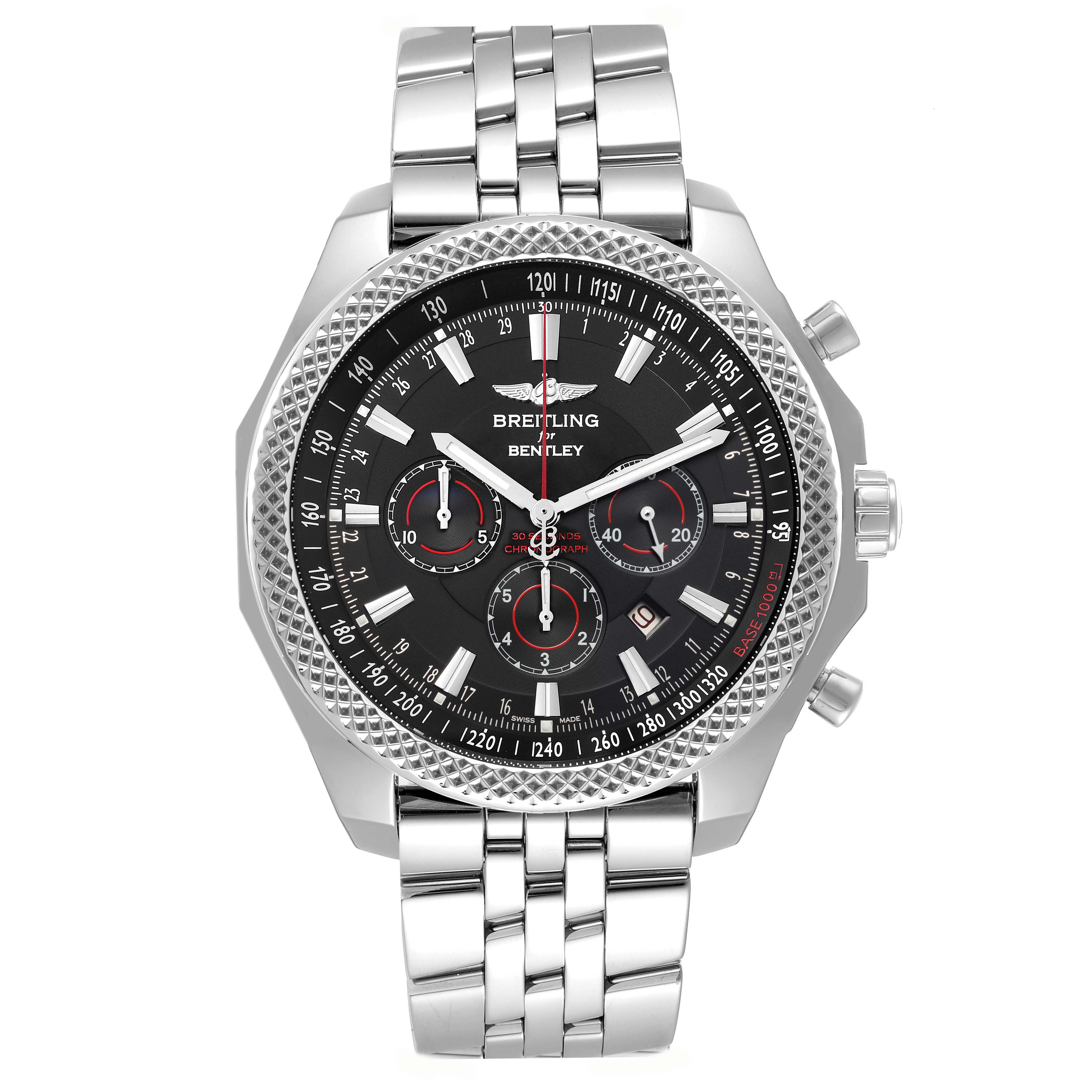 The Breitling Bentley A25368 Men's Stainless Steel Black Dial A25368 Men's Stainless Steel Black Dial watch is shown from a front angle, highlighting its face, bezel, dials, and metal bracelet.