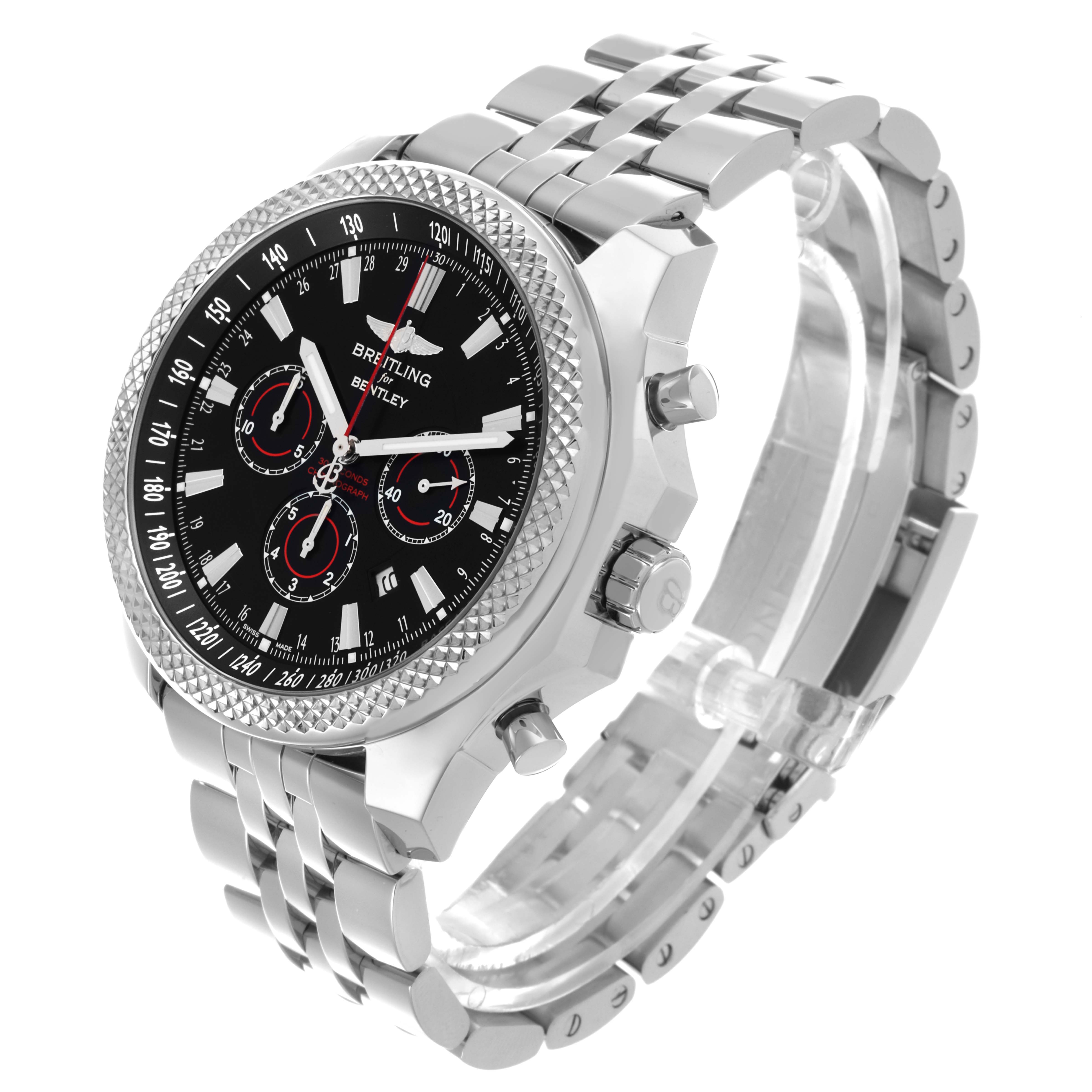 The Breitling Bentley A25368 Men's Stainless Steel Black Dial A25368 Men's Stainless Steel Black Dial watch is shown at an angle displaying its face, bezel, side buttons, and stainless steel bracelet.