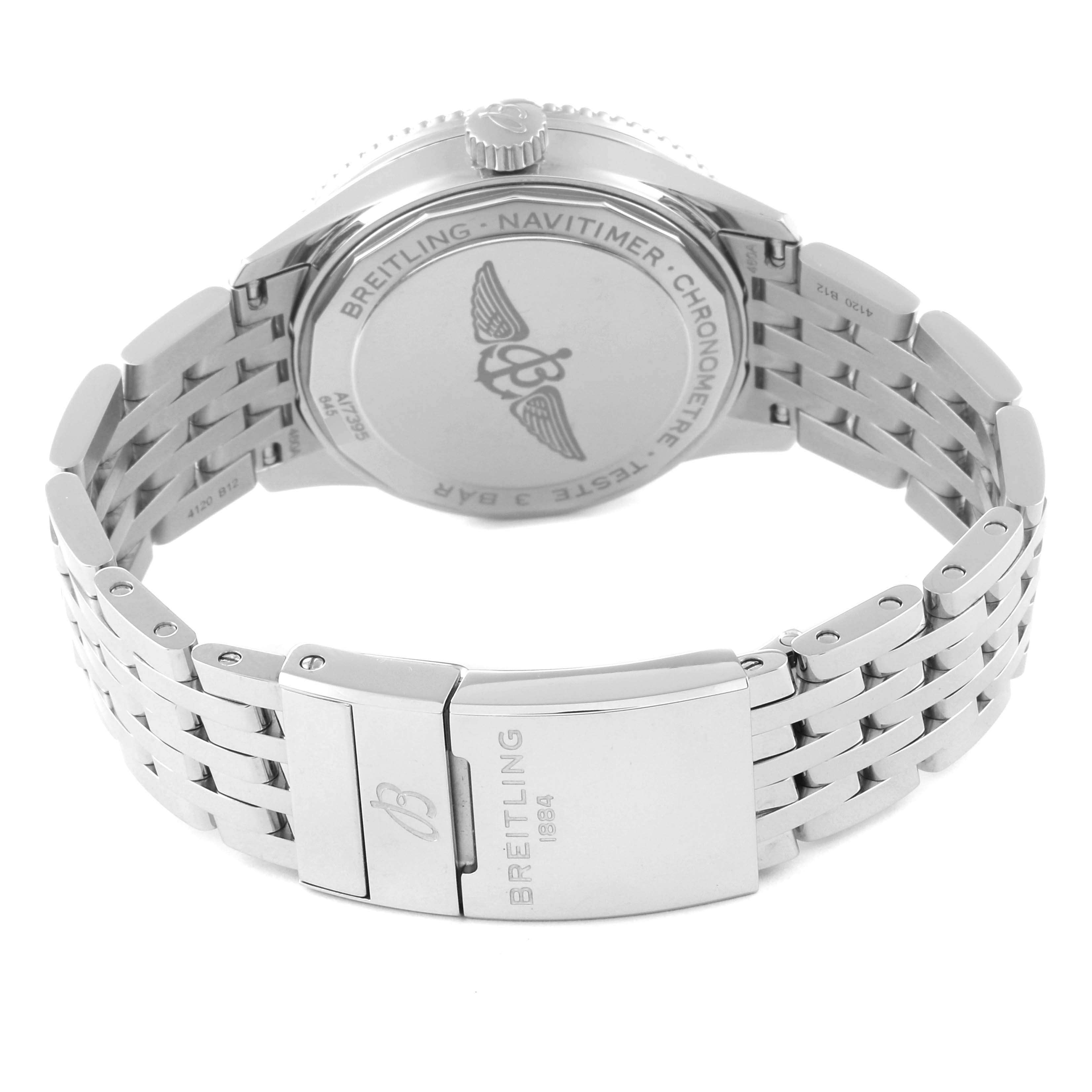 The image shows the back case and steel bracelet of the Breitling A17395 Women's Stainless Steel Silver Dial A17395 Women's Stainless Steel Silver Dial Navitimer Automatic 35 Silver Dial Steel Ladies Watch model A17395.